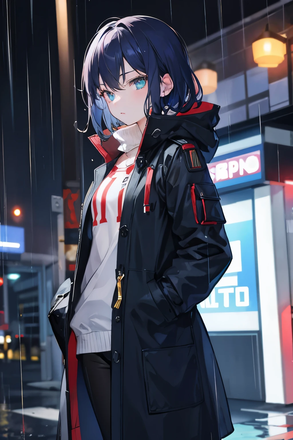 1girl,night city,rain,coat,hands in pockets