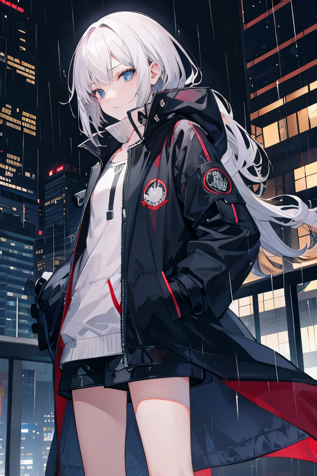 1girl,night city,rain,coat,hands in pockets
