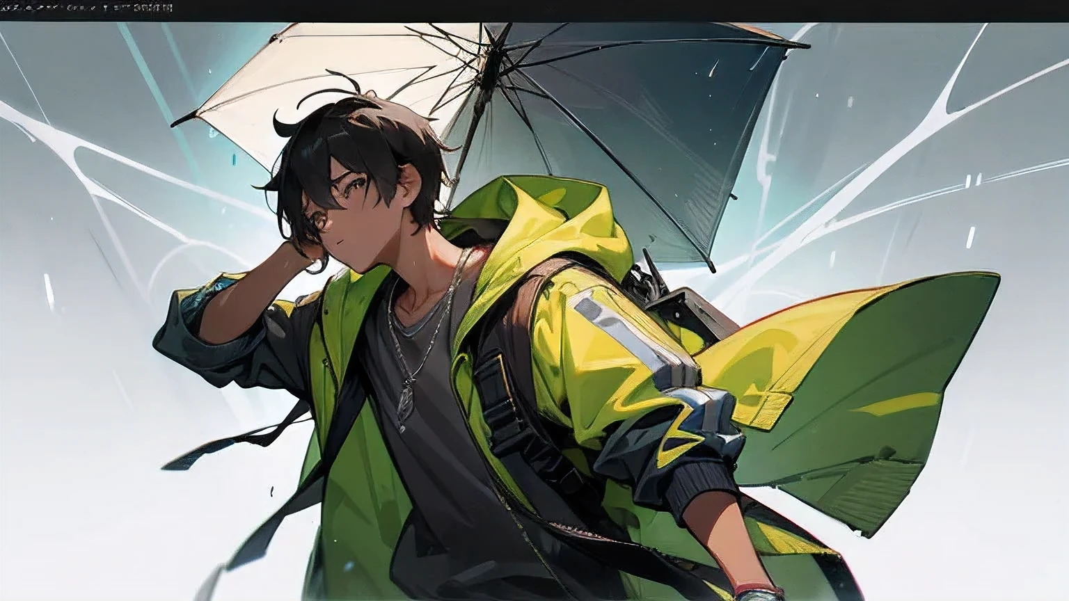 1 boy, jacket, rain, outdoor, sweatshirts, open jacket, chain, Backpack, look at another, Hair parted in the middle, tanned skin, Boy gender, Boy Focus, Art Station Trend, 8K resolution, Very detailed, anatomically correct, clear image, number, concept art, Pixiv trends, Xin Haicheng style,