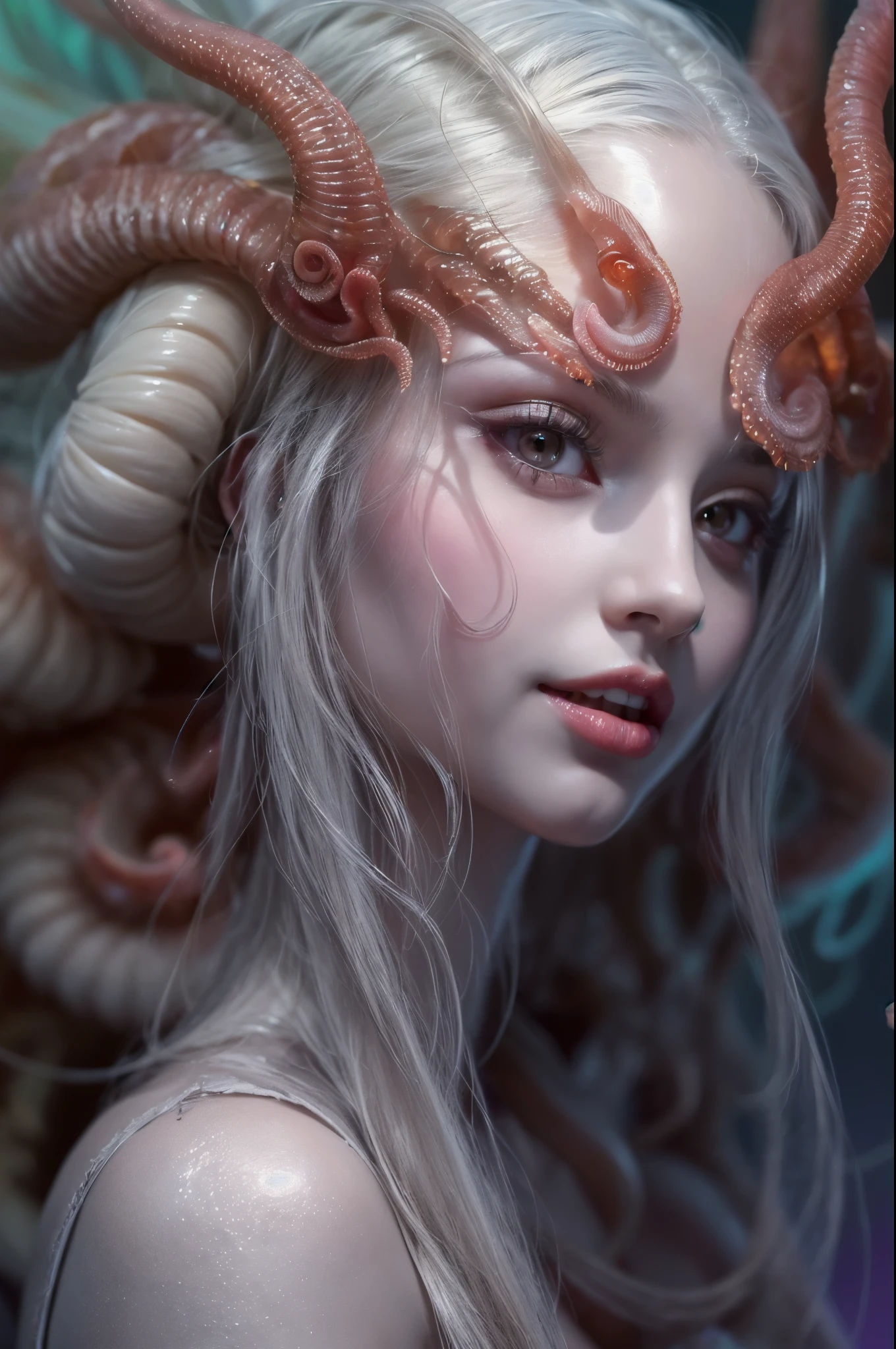(1 beautiful and obscene female alien in the water of the deep sea:1.4), (There is a female genital-like organ in the middle of her forehead:1.95), She has medusa-like hair, (there are lots of translucent tentacles from her head like her hair:1.5), (vulgarity1.7), (she is looking down at viewers with glowing red eyes with no pupils:1.6), (She has translucent pale skin:1.4),(She has the most beautiful face in the history of the universe:1.2), (She has multiple bioluminescent organs on the side of her tentacles:1.4), (Her body is covered with an iridescent exoskeleton:1.4), (She is showing her arm pits:1.6), an evil gaze that seduces, (looking down at viewers:1.4),(Vampire-like long canine teeth can be glimpsed through the gap between the cute lips:1.4) (bio luminescent:1.4), (Smile wickedly:1.3), (sexypose:1.4), alien, No humans, cells are fused, extraterrestrial, cell, bio image, ultra high resolution, (photos realistic:1.7), (Numerous award-winning masterpieces, with incredible detail, textures and maximum detail), Dramatic Lighting, cinematic quality, (exquisite details:1.2), High freshness, drawing faithfully, (Thick eyebrows:1.2), Beautiful eyes with fine symmetry,(Highly detailed face and eyes:1.2),(Super detailed skin quality feeling:1.4), perfect anatomy, (Beautiful toned body:1.5), (Moist skin:1.2), not wearing makeup, (dark circles:1.1), long canines, cinematic drawing of characters, cinematic quality, (exquisite details:1.2), high resolution, High freshness, drawing faithfully, official art, Unity 8K Wall paper, ultra detailed artistic photography, midnight aura, unreal engine 5, Ultra Sharp Focus, art by Amano Yoshitaka, ArtGerm, ultra realistic realism, dream-like, Creation of fantasy, dream Snail, (biopunk nautilus:1.3),Thrilling color schemes, seductively smiling, Amazing mutation, well-proportioned body, goddess of the deep sea, fractal, Geometric pattern, impossible figures, subtle emerald green accents, (expression of ecstasy:1.5)