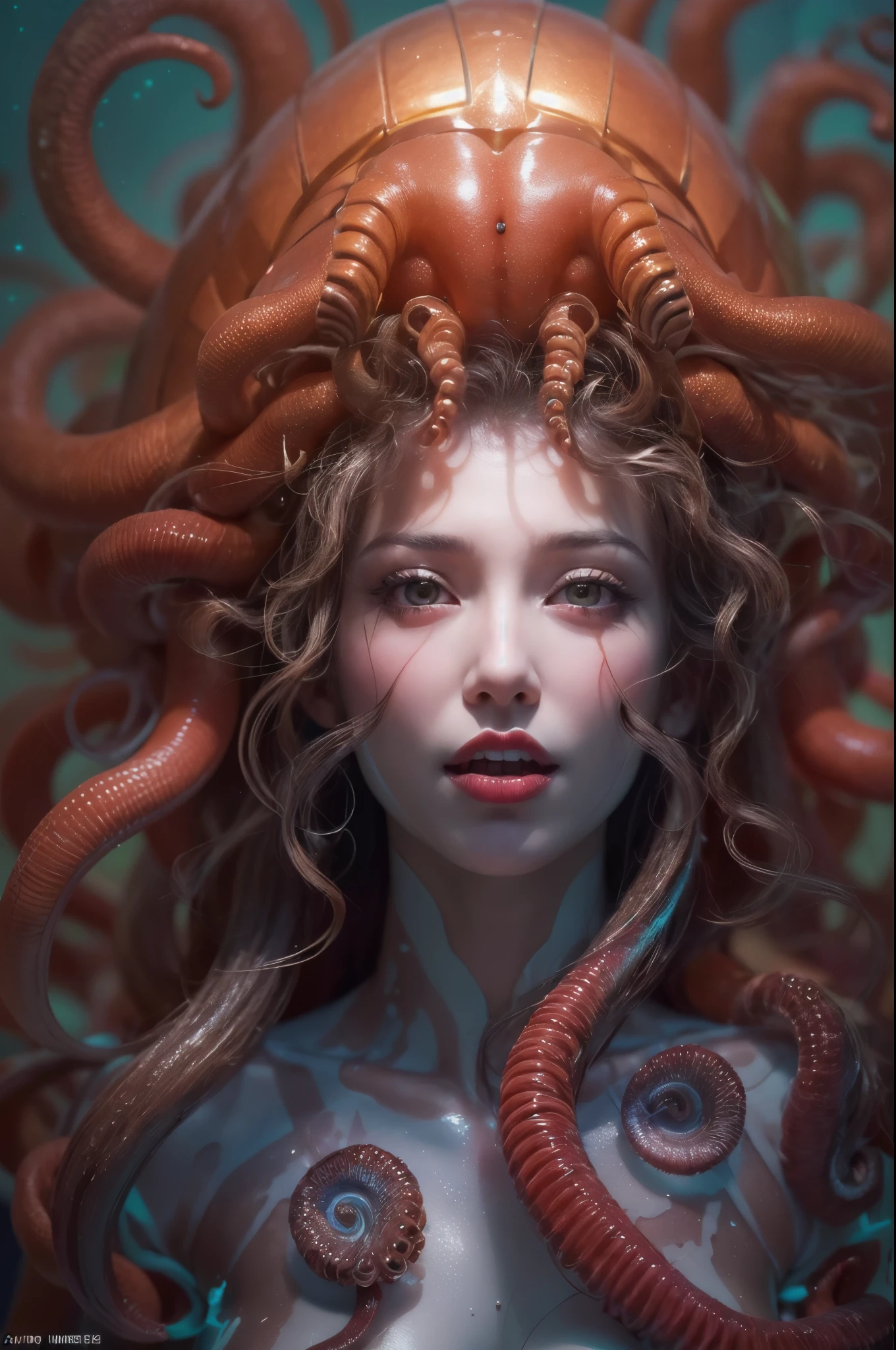 (1 beautiful and obscene female alien in the water of the deep sea:1.4), (There is a female genital-like organ in the middle of her forehead:1.95), She has medusa-like hair, (there are lots of translucent tentacles from her head like her hair:1.5), (vulgarity1.7), (she is looking down at viewers with glowing red eyes with no pupils:1.6), (She has translucent pale skin:1.4),(She has the most beautiful face in the history of the universe:1.2), (She has multiple bioluminescent organs on the side of her tentacles:1.4), (Her body is covered with an iridescent exoskeleton:1.4), (She is showing her arm pits:1.6), an evil gaze that seduces, (looking down at viewers:1.4),(Vampire-like long canine teeth can be glimpsed through the gap between the cute lips:1.4) (bio luminescent:1.4), (Smile wickedly:1.3), (sexypose:1.4), alien, No humans, cells are fused, extraterrestrial, cell, bio image, ultra high resolution, (photos realistic:1.7), (Numerous award-winning masterpieces, with incredible detail, textures and maximum detail), Dramatic Lighting, cinematic quality, (exquisite details:1.2), High freshness, drawing faithfully, (Thick eyebrows:1.2), Beautiful eyes with fine symmetry,(Highly detailed face and eyes:1.2),(Super detailed skin quality feeling:1.4), perfect anatomy, (Beautiful toned body:1.5), (Moist skin:1.2), not wearing makeup, (dark circles:1.1), long canines, cinematic drawing of characters, cinematic quality, (exquisite details:1.2), high resolution, High freshness, drawing faithfully, official art, Unity 8K Wall paper, ultra detailed artistic photography, midnight aura, unreal engine 5, Ultra Sharp Focus, art by Amano Yoshitaka, ArtGerm, ultra realistic realism, dream-like, Creation of fantasy, dream Snail, (biopunk nautilus:1.3),Thrilling color schemes, seductively smiling, Amazing mutation, well-proportioned body, goddess of the deep sea, fractal, Geometric pattern, impossible figures, subtle emerald green accents, (expression of ecstasy:1.5)