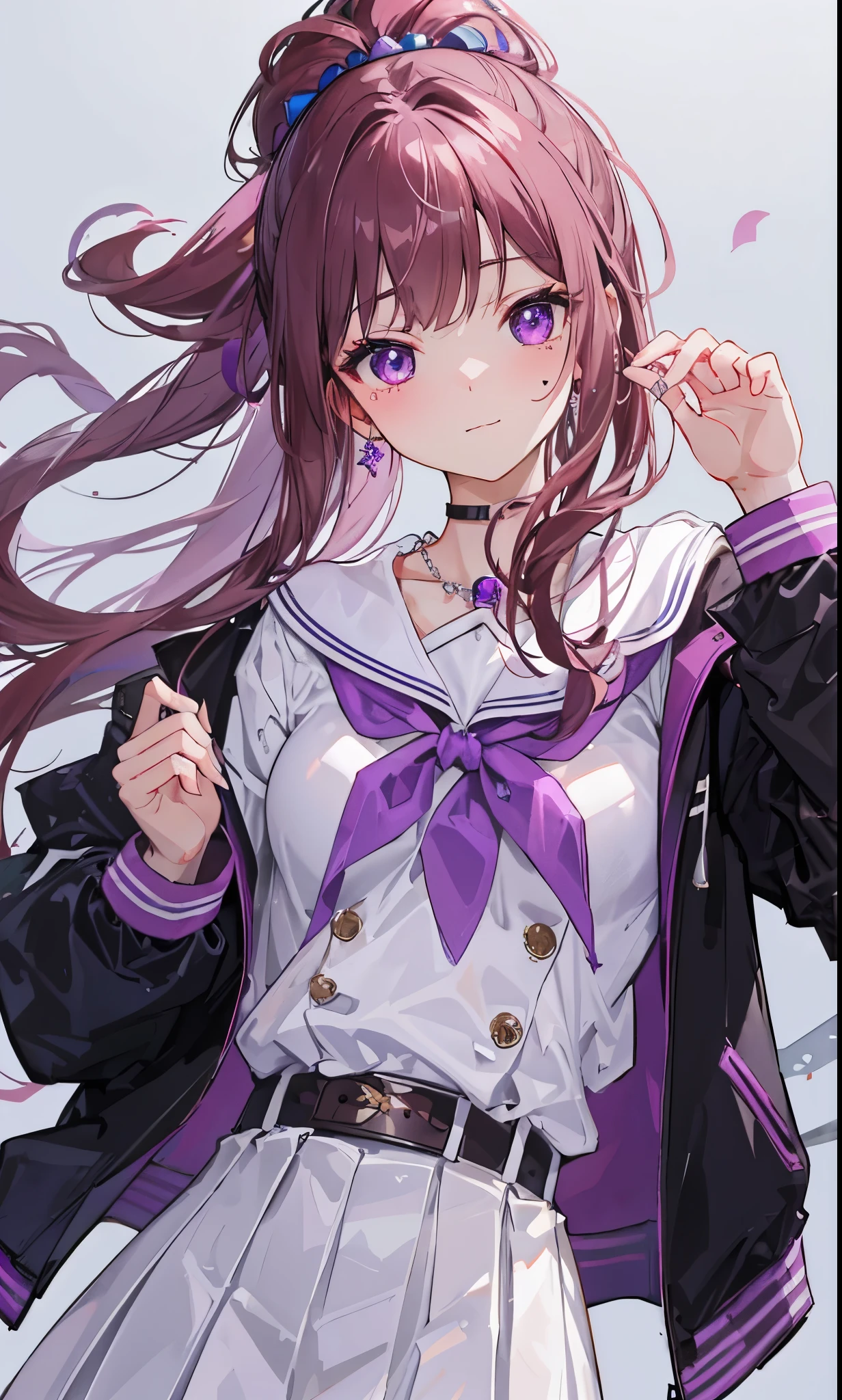 Thick pink brown hair,high ponytail,Beautiful, soulful and delicate deep purple eyes,Sweet and soft girl,特别软萌cute,There are beauty moles,Wearing a white JK school uniform,blue leather jacket,age girl feeling,The body is fluorescent,十分Amazing,Beautiful and beautiful,Very nice face、figure,purple crystal necklace,Particularly clear、Amazing、pure、Sunlight、cute