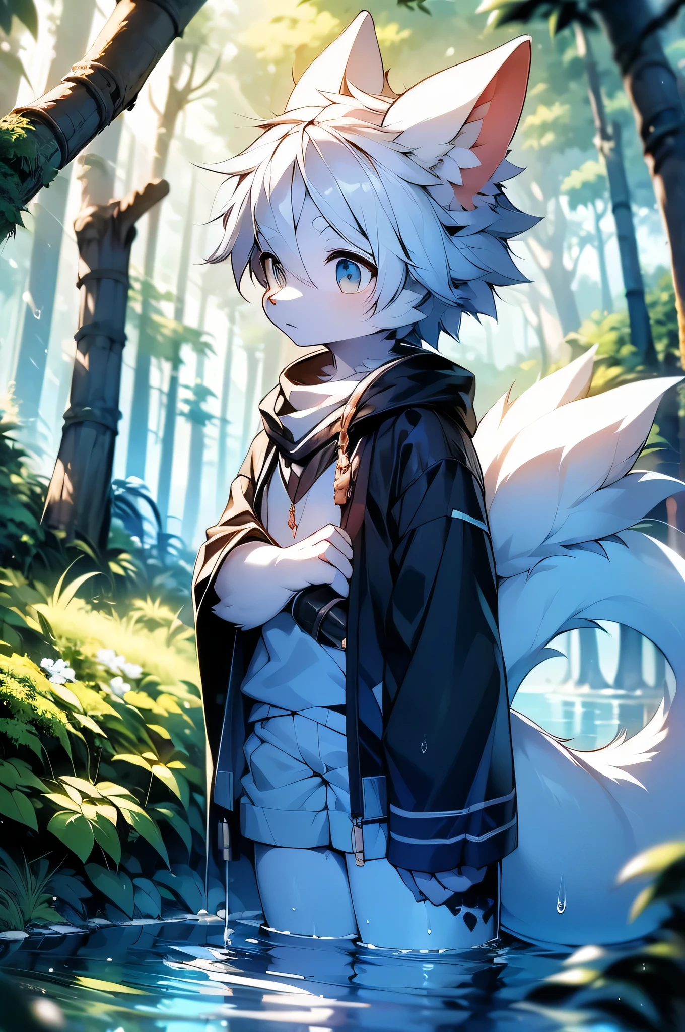 Gray hair and white hair are not tall, In the forest at dusk, Tail dipped in water, no clothes, The tail is not long, Wear a scarf