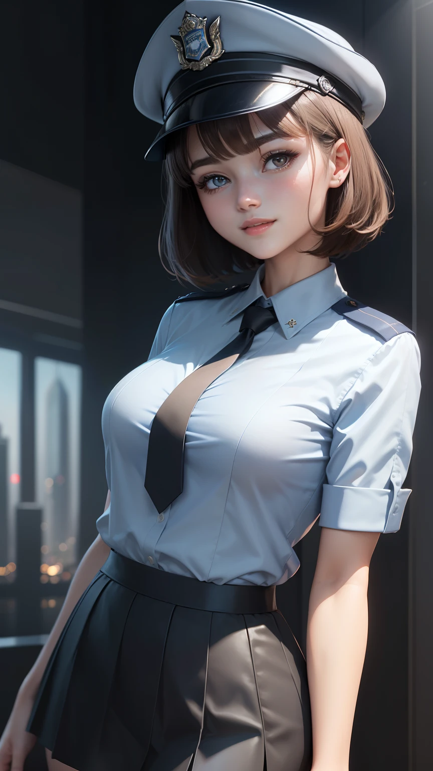 highest quality, masterpiece, 1 girl, light smile, dramatic lighting, from below、police uniform、Light blue short-sleeved shirt、black tie、Police Officer Cap、navy blue mini skirt、cleavage、Light Brown Short Bob Hair、Miniskirt Police、Skyscrapers、Moonlight night、3D rendering