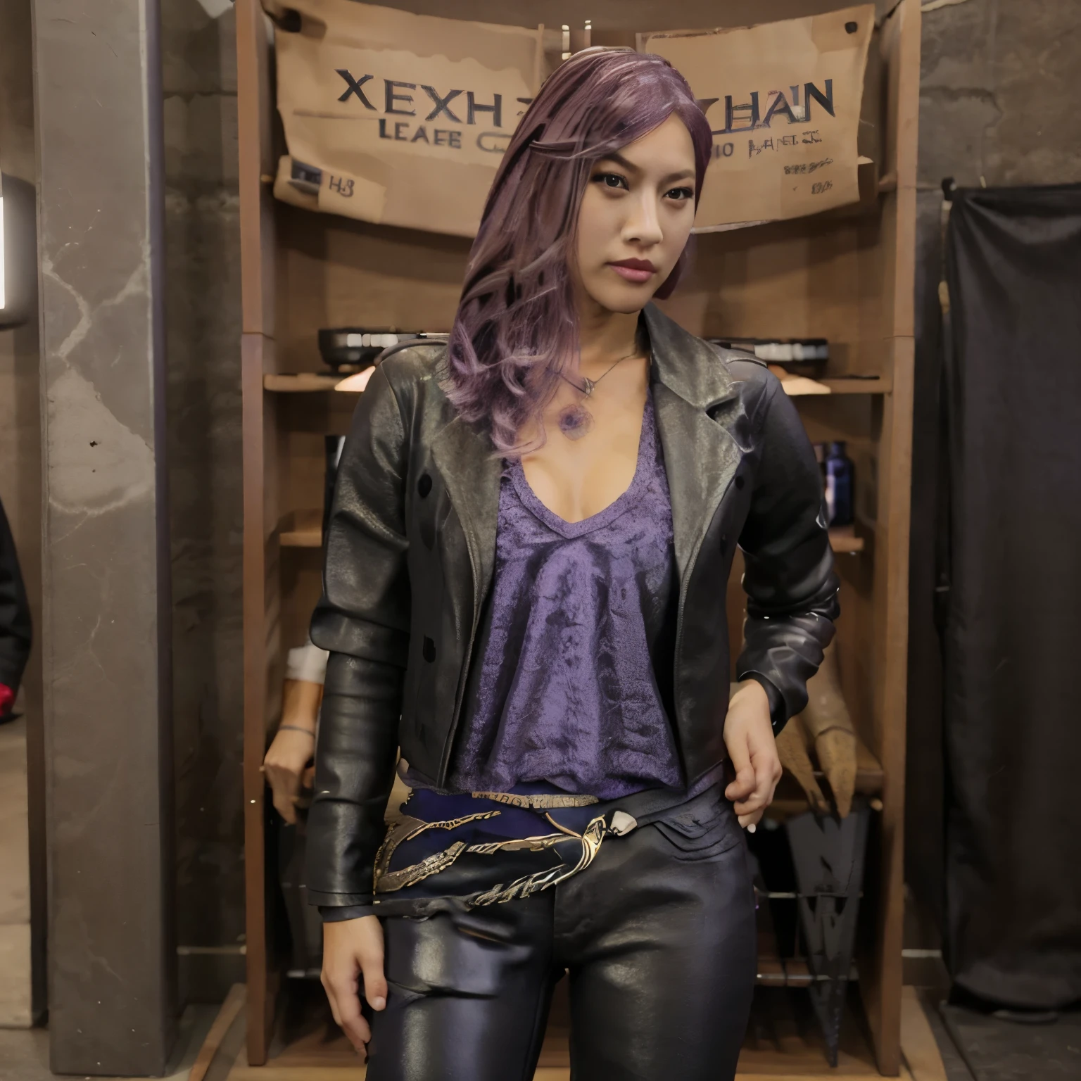 Seong-hui sexy ((purple hair)), ((leather pants))