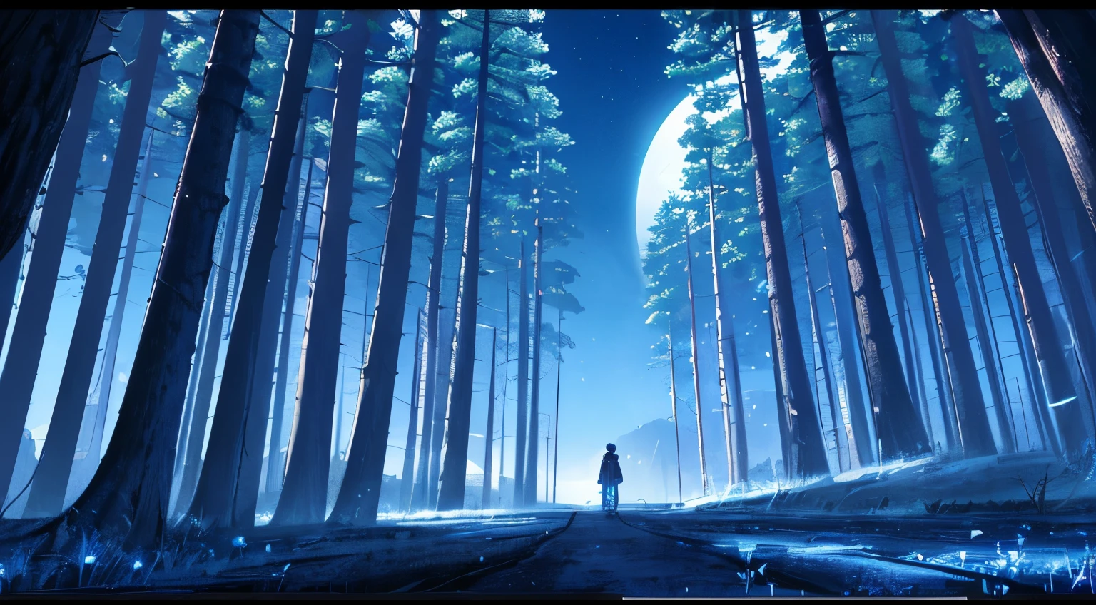 Side Scrolling Game Backgrounds, (((In the dark of the night with a hint of blue))), Flat feeling without vanishing point perspective, photorealistic lighting, (((At night when the moonlight is faint))), high-definition details, masterpiece, Best quality at best, (Highly detailed CG integrated 8k wallpaper), (Top Quality), Forest scenery, The bottom half of the screen is flat ground, Land with a moderate mix of soil and grass, The direction of the road is from the left side of the screen to the right side of the screen., (((At the top half of the screen are small densely packed trees and rocks.))), Small rocks, Distant view behind the trees, mountains, The dark hour after sunset, At night when the bluish light is flowing, The size of the tree is small and it has a lot of curves, View from a height of about 3 meters,