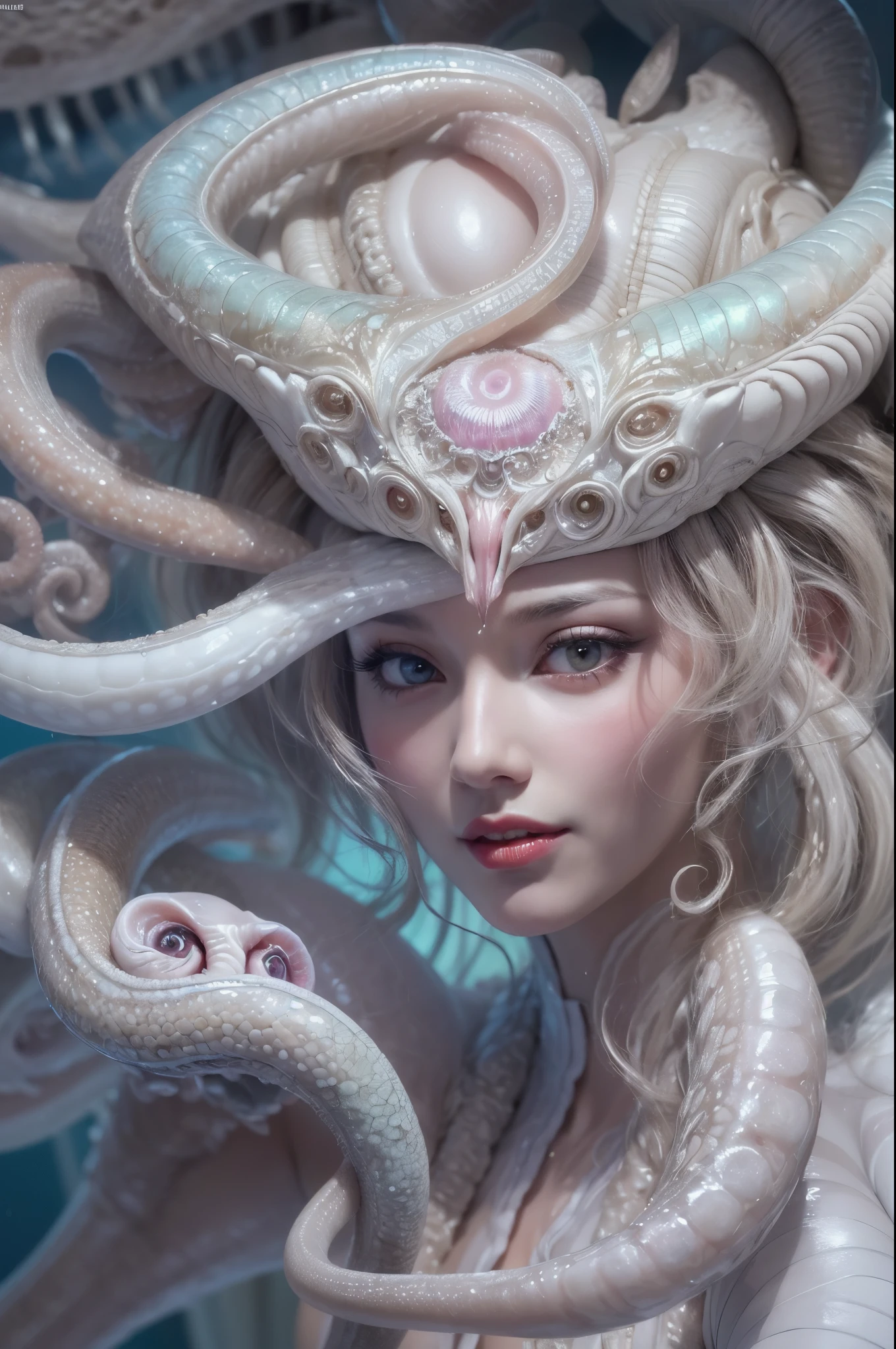 (A portrait of one beautiful and obscene female alien who is a young ager:1.4), ((There is a female genital-like organ in the middle of her forehead:1.8)), (realistic face:1.2), (Numerous award-winning masterpieces, with incredible detail, textures and maximum detail), artistic photography, midnight aura, unreal engine 5, Ultra Sharp Focus, art by Amano Yoshitaka, ArtGerm, Roisch, intricate artwork, ultra realistic realism, high resolution, High freshness, drawing faithfully, official art, Unity 8K Wall paper, ultra detailed artistic photography, dream-like, Creation of fantasy, dream Snail, (biopunk nautilus:1.3),Thrilling color schemes, seductively smiling, Amazing mutation, well-proportioned body, goddess of the deep sea, fractal, Geometric pattern, impossible figures, (translucent white tentacles with luminescent organs:1.4), subtle emerald green accents, (smiling seductively:1.3),(She has the most beautiful face in the history of the universe:1.5), Penelope Cruz, (she is looking down at viewers with glowing iridescent eyes with no pupils:1.3), an evil gaze that seduces, cinematic lighting, (Vampire-like long canine teeth can be glimpsed through the gap between the cute lips:1.3), in the hall of the palace, Sweet breath is exhaling from beautiful lips, ecstatic expression