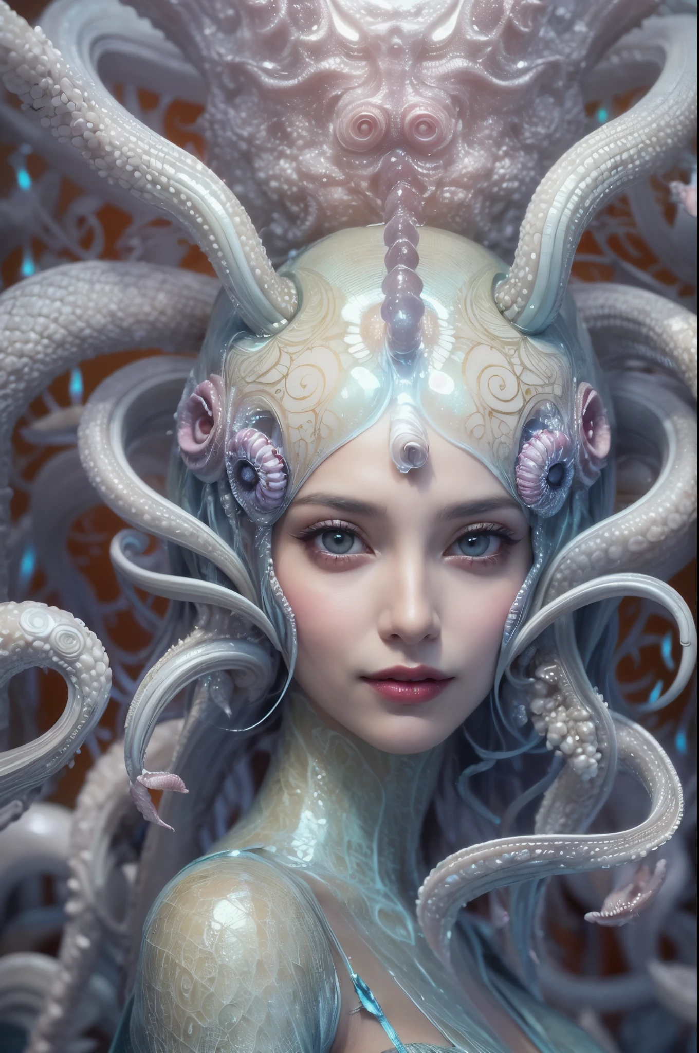 (A portrait of one beautiful and obscene female alien who is a young ager:1.4), ((There is a female genital-like organ in the middle of her forehead:1.8)), (realistic face:1.2), (Numerous award-winning masterpieces, with incredible detail, textures and maximum detail), artistic photography, midnight aura, unreal engine 5, Ultra Sharp Focus, art by Amano Yoshitaka, ArtGerm, Roisch, intricate artwork, ultra realistic realism, high resolution, High freshness, drawing faithfully, official art, Unity 8K Wall paper, ultra detailed artistic photography, dream-like, Creation of fantasy, dream Snail, (biopunk nautilus:1.3),Thrilling color schemes, seductively smiling, Amazing mutation, well-proportioned body, goddess of the deep sea, fractal, Geometric pattern, impossible figures, (translucent white tentacles with luminescent organs:1.4), subtle emerald green accents, (smiling seductively:1.3),(She has the most beautiful face in the history of the universe:1.5), Penelope Cruz, (she is looking down at viewers with glowing iridescent eyes with no pupils:1.3), an evil gaze that seduces, cinematic lighting, (Vampire-like long canine teeth can be glimpsed through the gap between the cute lips:1.3), in the hall of the palace, Sweet breath is exhaling from beautiful lips, ecstatic expression