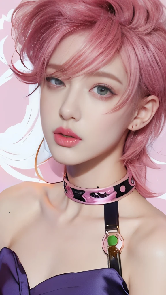 a drawing of a woman with pink hair and a choke, vi from league of legends, cute girl with short pink hair, lowres, delicate androgynous prince, wearing choker, anime vibes, some pink, pink girl, vi from arcane, loish art style, 8 0 s anime vibe, portrait knights of zodiac girl, beautiful androgynous prince