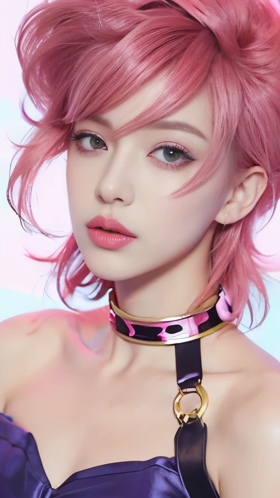 a drawing of a woman with pink hair and a choke, vi from league of legends, cute girl with short pink hair, lowres, delicate androgynous prince, wearing choker, anime vibes, some pink, pink girl, vi from arcane, loish art style, 8 0 s anime vibe, portrait knights of zodiac girl, beautiful androgynous prince