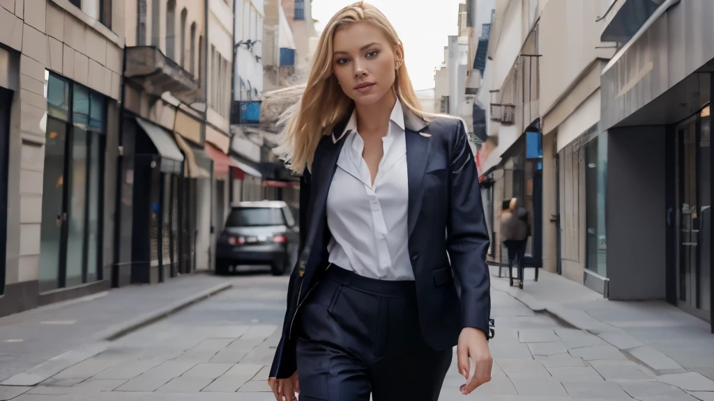 Professional full body photo of a beautiful Russian woman with blonde hair and a beautiful face posing for a catalogue, walking ((She wears business clothes, suit, trousers, dress shirt)), ultra realistic