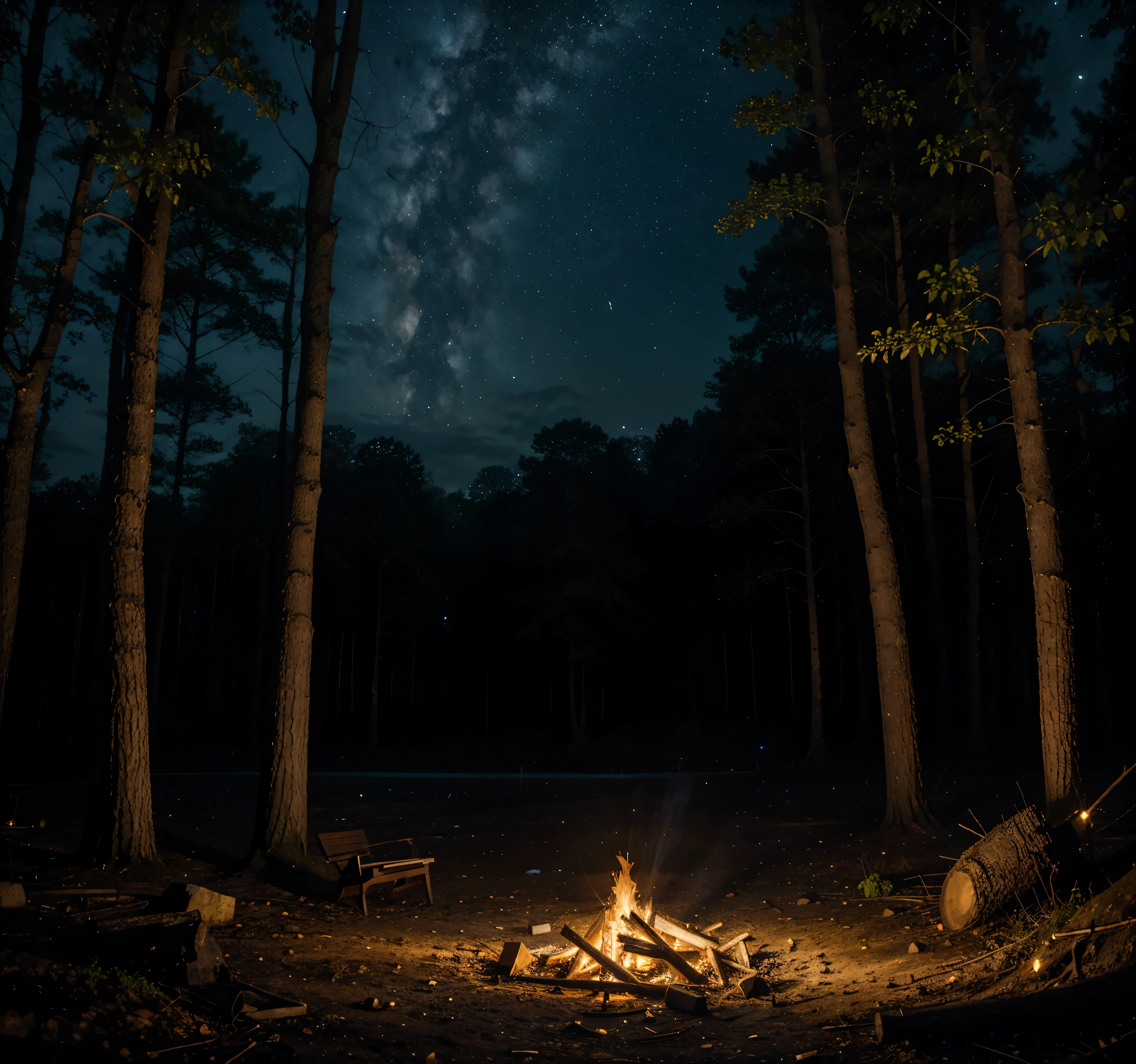 night, the forest, A bonfire is burning, Brooke, month, Moonlight, starry sky, Realistic photo