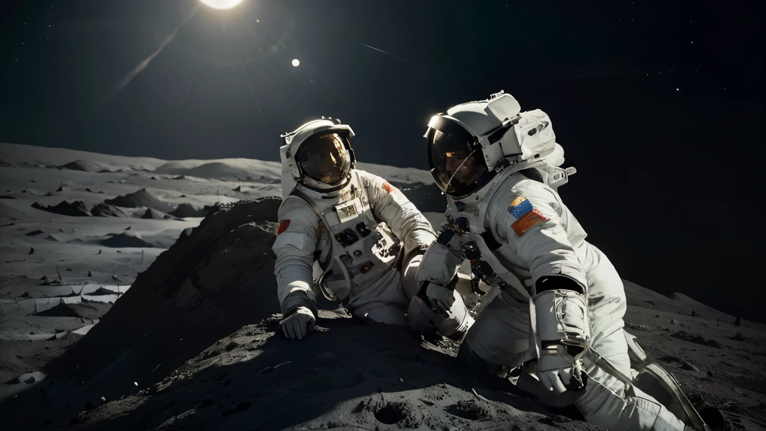 Create a photorealistic image of two astronauts helping each other climb a mountain on the Moon. The perspective of the photo should be from a low angle, looking upwards. The image captures one astronaut from a slightly rear angle, and another astronaut who is reaching out his hand to the lower astronaut. The lunar landscape should be rugged and barren, with the Moon's surface visible in the foreground and a stark, star-filled sky in the background. Both astronauts are wearing detailed space suits appropriate for a lunar mission, with visible patches and equipment. The light source, simulating the Sun, casts dramatic shadows and highlights the texture of the lunar surface, enhancing the realism and depth of the scene.