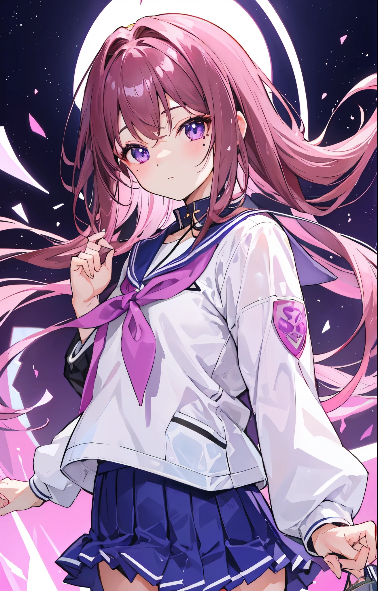 Thick pink brown hair,high ponytail,Beautiful, soulful and delicate deep purple eyes,Sweet and soft girl,特别软萌cute,There are beauty moles,Wearing a white JK school uniform,blue leather jacket,age girl feeling,The body is fluorescent,十分Amazing,Beautiful and beautiful,Very nice face、figure,purple crystal necklace,Particularly clear、Amazing、pure、Sunlight、cute