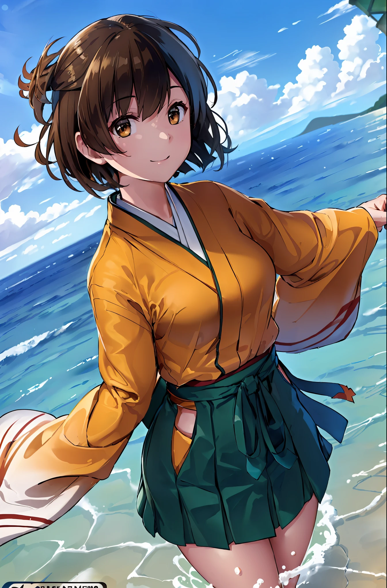 (masterpiece), (best quality), (ultra-detailed), photorealistic, (best illustration), (an extremely delicate and beautiful),1girl, hiryuukc, orange kimono, one side up, brown eyes, brown hair, green hakama, hakama short skirt, [outstretched arms::0.35], smile, cowboy shot, detailed scenery, ocean, horizon, blue sky, cloudy sky, facing viewer, wading, [:(peace sign):0.35], [:(hand in own hair):0.35]Very Fine Eyes Very Fine Face、Insanely detailed body、Extremely fine skin, very elaborate hair ornament, Precisely shaped body and hands