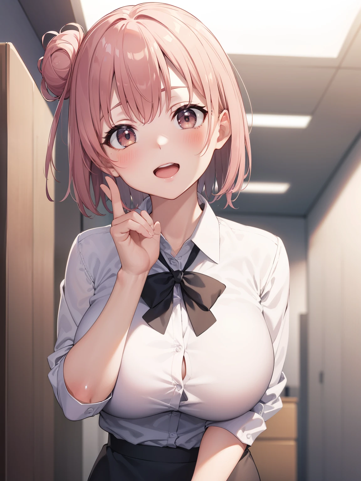 Yuigahama Yui, short hair, (brown eyes), Pink hair), single bun hair,
1girl,
white collared shirt, black pencil skirt,
looking at viewer,
(masterpiece:1.2), highest quality, High resolution, unity 8k wallpaper, (beautiful and fine eyes), highly detailed face, perfect lighting, Very detailed CG, (perfect hands, perfect anatomy),
(blush:1.2), smile, open mouth,
big breasts,
upper body, focus breasts,
office, night,
