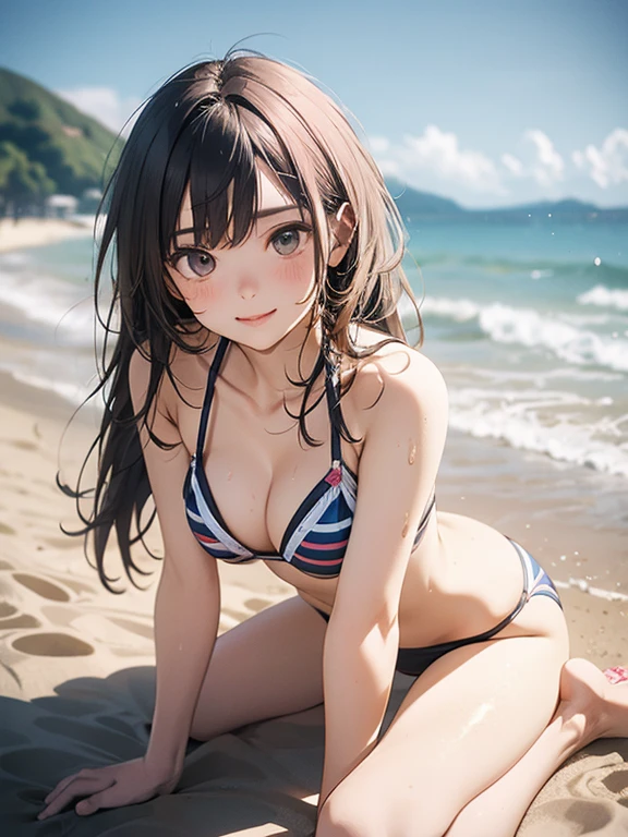 ((masterpiece, high quality, high resolution, absurd, super detailed, High saturation、8k)),real,,(bikini:1.5),(1girl), (stand),seductive smile,cute face、beautiful eyes、pink hair、 (on the beach)、zydG