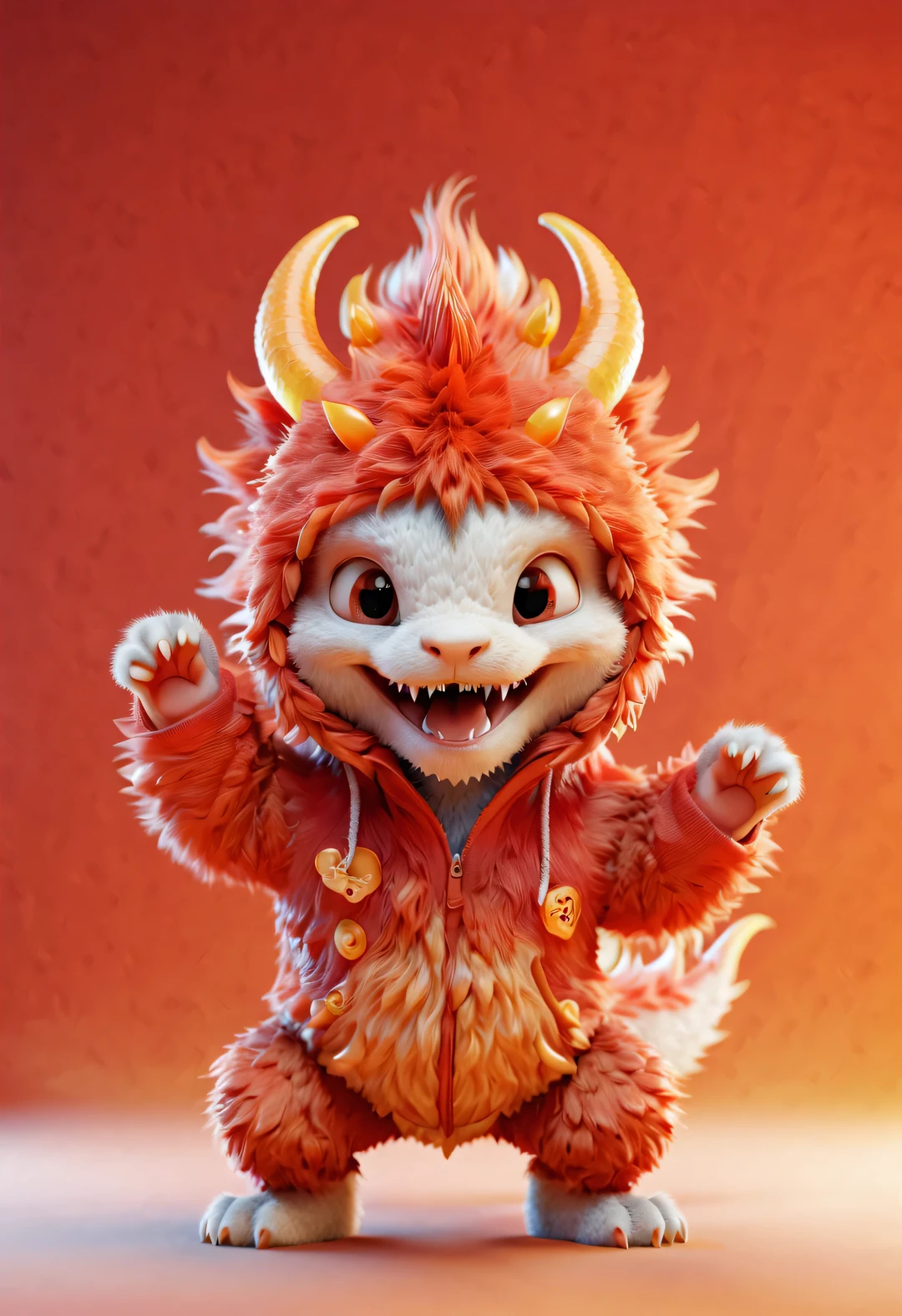 3d rendering, realistic fur, red wallpaper, Simple modern style, beautiful wallpaper, Super thin and naughty red and orange zodiac dragon baby，The claws dance in the air with a mischievous smile., dynamic action，frontal portrait, (looking at camera), （The body is translucent：0.85）, (Wear a hooded sweatshirt), Paper art style, blown glass art style ,