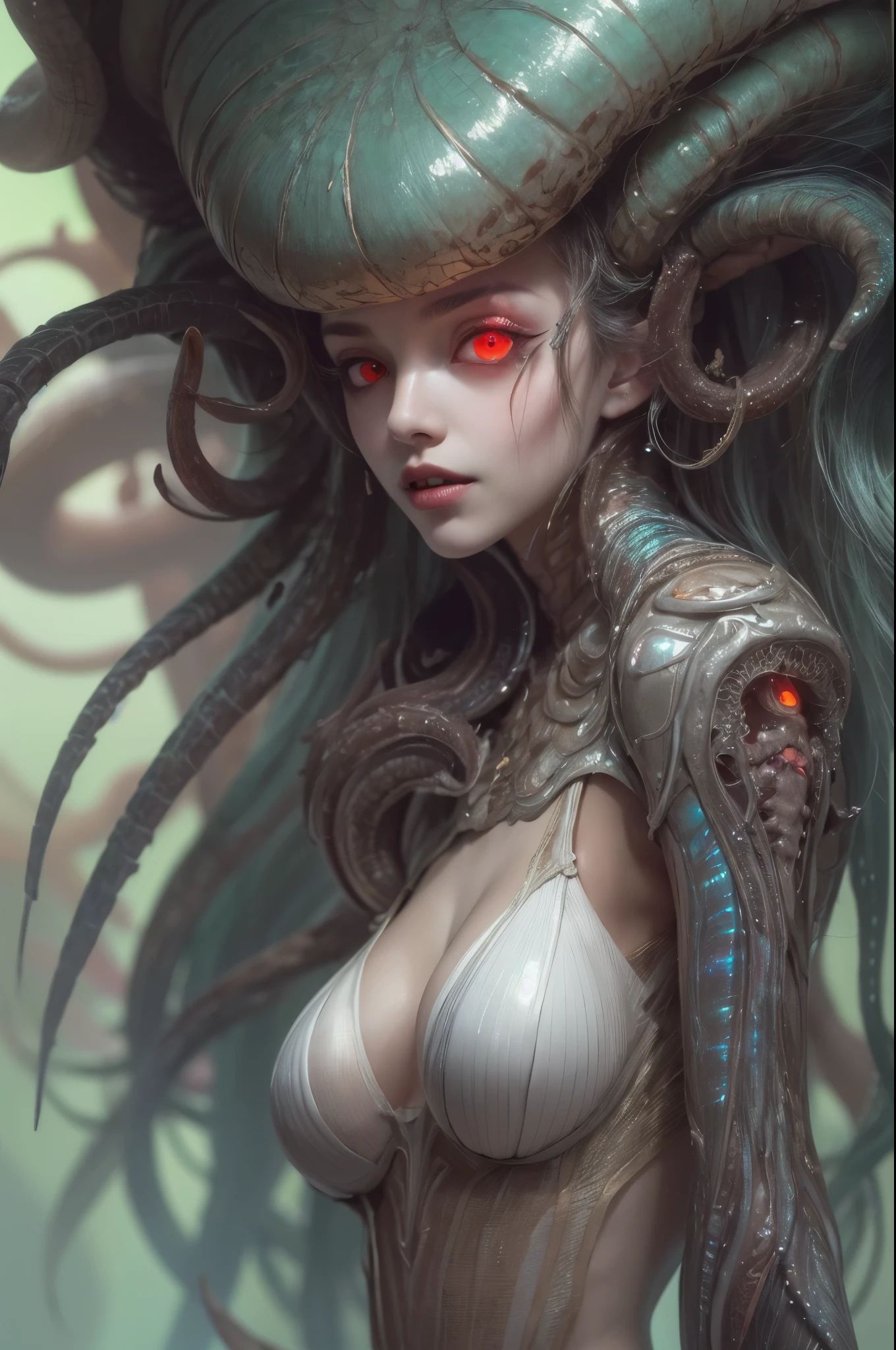 (1 beautiful and obscene female alien:1.4), (There is a female genital-like organ in the middle of her forehead:1.95), She has medusa-like hair, (there are lots of translucent tentacles from her head like her hair:1.5), (vulgarity1.7), (she is looking down at viewers with glowing red eyes with no pupils:1.6), (She has translucent pale skin:1.4),(She has the most beautiful face in the history of the universe:1.2), (She has multiple bioluminescent organs on the side of her tentacles:1.4), (Her body is covered with an iridescent exoskeleton:1.4), (She is showing her arm pits:1.6), an evil gaze that seduces, (looking down at viewers:1.4),(Vampire-like long canine teeth can be glimpsed through the gap between the cute lips:1.4) (bio luminescent:1.4), (Smile wickedly:1.3), (sexypose:1.4), alien, No humans, cells are fused, extraterrestrial, cell, bio image, ultra high resolution, (photos realistic:1.7), (Numerous award-winning masterpieces, with incredible detail, textures and maximum detail), Dramatic Lighting, cinematic quality, (exquisite details:1.2), High freshness, drawing faithfully, (Thick eyebrows:1.2), Beautiful eyes with fine symmetry,(Highly detailed face and eyes:1.2),(Super detailed skin quality feeling:1.4), perfect anatomy, (Beautiful toned body:1.5), (Moist skin:1.2), not wearing makeup, (dark circles:1.1), long canines, cinematic drawing of characters, cinematic quality, (exquisite details:1.2), high resolution, High freshness, drawing faithfully, official art, Unity 8K Wall paper, ultra detailed artistic photography, midnight aura, unreal engine 5, Ultra Sharp Focus, art by Amano Yoshitaka, ArtGerm, ultra realistic realism, dream-like, Creation of fantasy, dream Snail, (biopunk nautilus:1.3),Thrilling color schemes, seductively smiling, Amazing mutation, well-proportioned body, goddess of the deep sea, fractal, Geometric pattern, impossible figures, subtle emerald green accents, (expression of ecstasy:1.5)