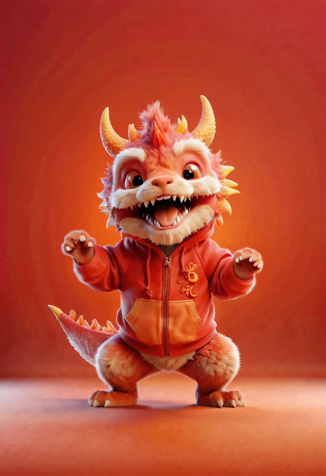 3d rendering, realistic fur, red wallpaper, Simple modern style, beautiful wallpaper, Super thin and naughty red and orange zodiac dragon baby，The claws dance in the air with a mischievous smile., dynamic action，frontal portrait, (looking at camera), （The body is translucent：0.85）, (Wear a hooded sweatshirt), Paper art style, blown glass art style ,