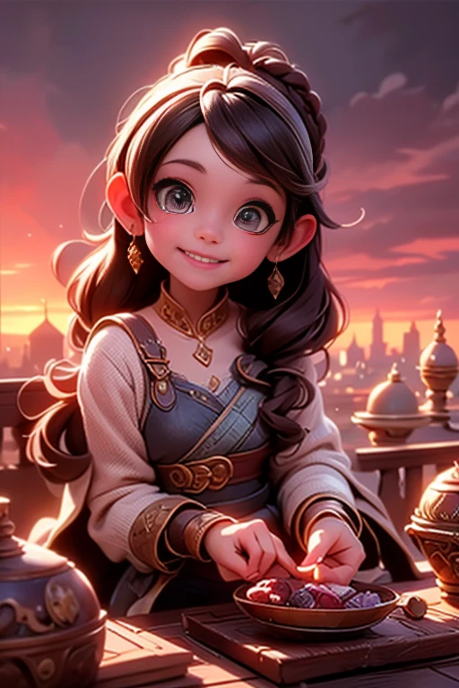 a fairy smiling seeing the landscape, ancient city with magical ambient, sunset, beautiful antient city at sunset, fantasy art style, rpg art style