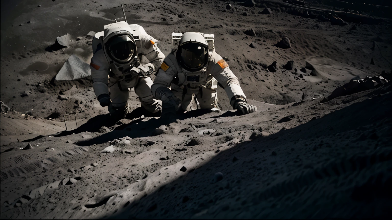 Create a photorealistic image of two astronauts helping each other climb a steep mountain on the Moon. The perspective of the photo should be from a low angle, looking upwards. The image captures one astronaut from a slightly rear angle, and another astronaut who is reaching out his hand to the lower astronaut. The lunar landscape should be rugged and barren, with the Moon's surface visible in the foreground and a stark, star-filled sky in the background. Both astronauts are wearing detailed space suits appropriate for a lunar mission, with visible patches and equipment. The light source, simulating the Sun, casts dramatic shadows and highlights the texture of the lunar surface, enhancing the realism and depth of the scene.