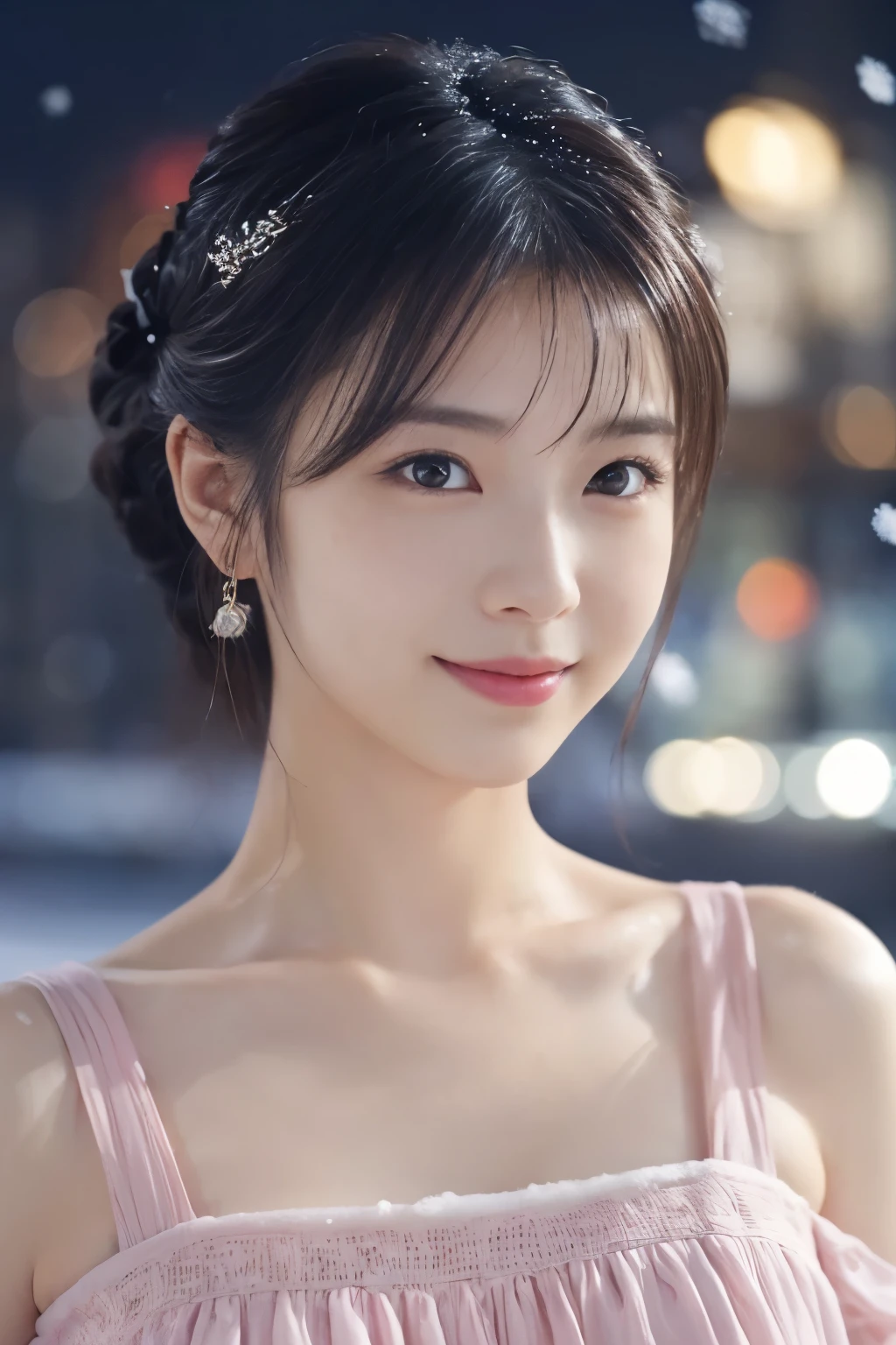 1 girl, (Wearing a pink dress:1.2), Beautiful Japan actress,
(RAW photo, highest quality), (realistic, Photoreal:1.4), masterpiece, 
very delicate and beautiful, very detailed, 2k wallpaper, wonderful, 
finely, very detailed CG Unity 8K 壁紙, Super detailed, High resolution, 
soft light, beautiful detailed girl, very detailed目と顔, beautifully detailed nose, beautiful and detailed eyes, cinematic lighting, 
break
(Against the backdrop of a snowy night cityscape 1.3), city lights, (Snow is flying:1.3), 
perfect anatomy, slender body, smile, Face the front completely, look at the camera