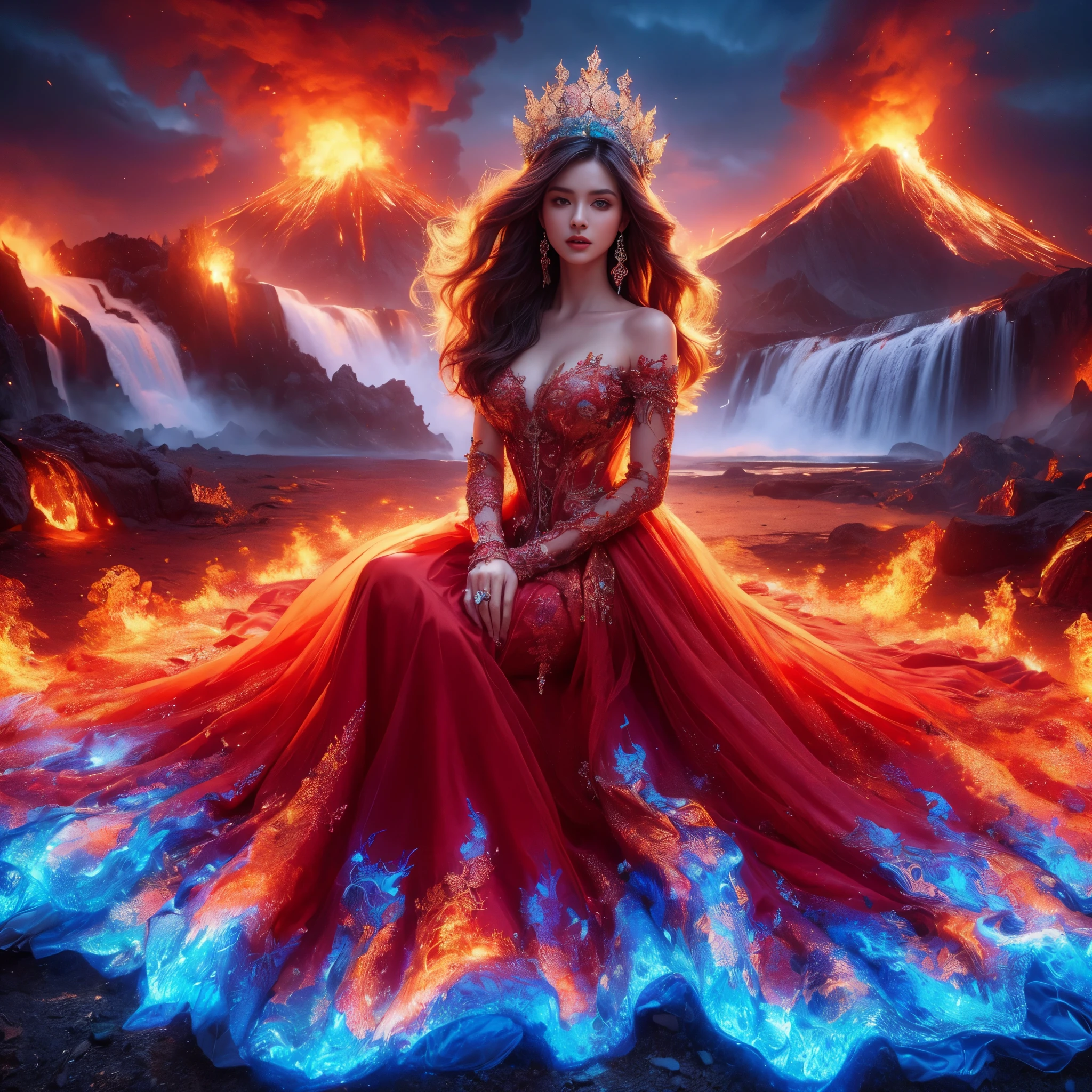 arafed woman with bustier gigantic breast in a flame corset and flame dress in front of a building, wearing an ornate outfit, ornate dress, intricate dress, elegant flame corset, ornate and elegant, extravagant dress, inspired by Hedi Xandt, ornate attire, intricate outfit, ornate royal gown, ornate clothing, ornate gown, intricate and elegant, intricate detailed dress, ornate , royal dress,  detailed hand, detailed finger, masterpiece, best quality:1.2),,(8k,highres,RAW photo,realistic,photo-realistic:1.3),(detailed skin texture,detailed cloth texture,beautiful detailed face:1.25),professional lighting,photon mapping,beautiful soft light,radiosity,physically-based rendering,raytracing, model shoot style, model shoot style, (extremely detailed CG unity 8k wallpaper), full shot body photo of the most beautiful artwork in the world,