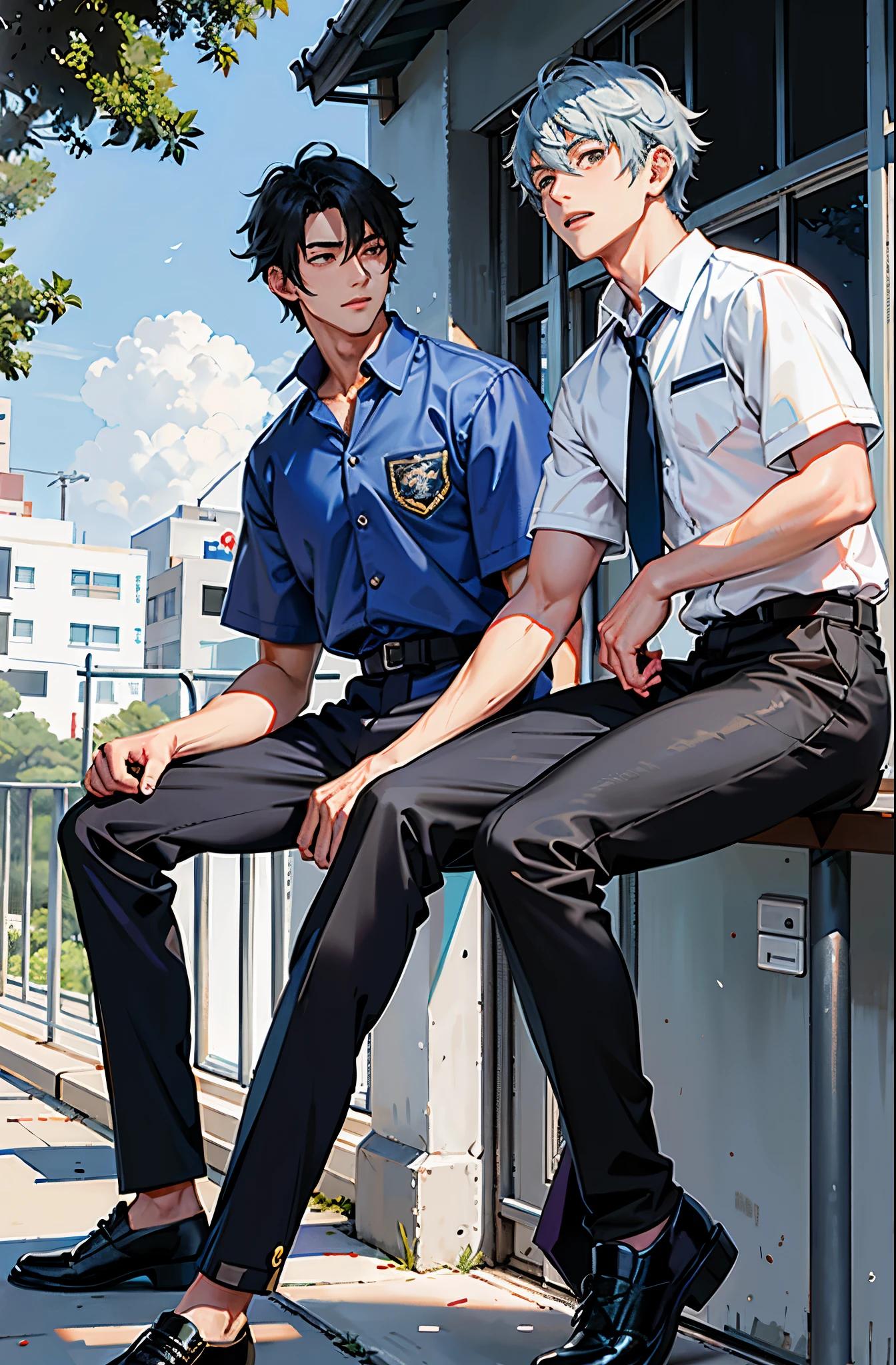son dos hombres sentados en un banco afuera de un edificio, dos hombres guapos anime, pose de anime guapo, akehiko inoue y ross tran, uniforme jk, jin shan y ross tran, magic school student uniform, wearing japanese school uniform, vistiendo uniforme escolar, vistiendo un uniforme escolar, japanese school uniform, Estilo anime muy moderno, capturado en canon eos r 6