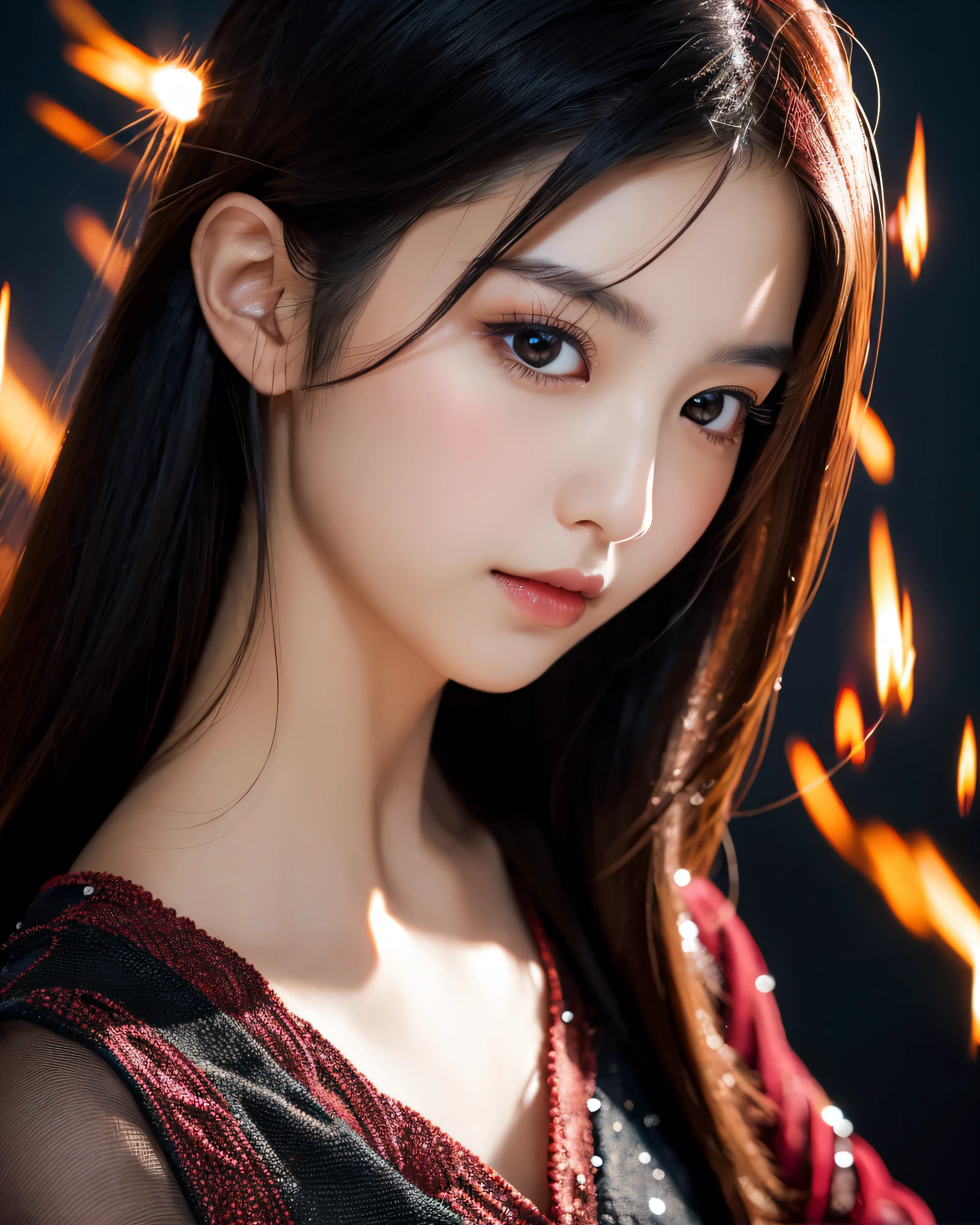 beautiful japanese girl Detailed dark hair with intricate colors ponytail red eyes Straight gaze Simple black dress Fire Witch particles of light light wallpaper high contrast colorful professional lighting