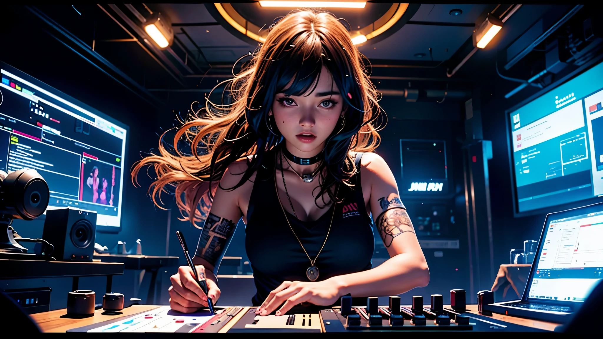 girl on top of DJ equipment mixing in a dance club, realistic in high resolution, professional, 4k