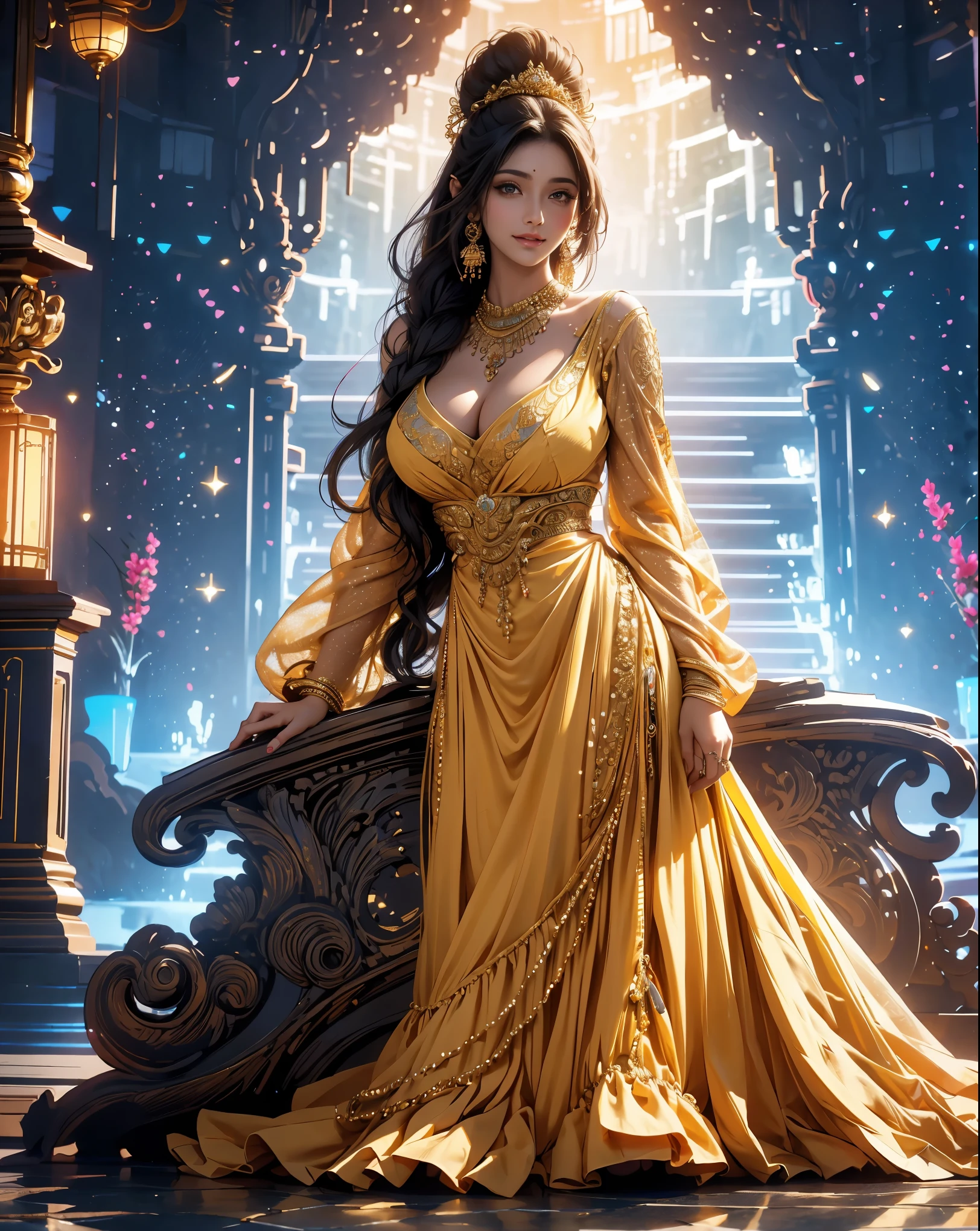 a woman in a yellow dress posing for the camera, closeup shot of woman, dayanita singh, girl with glowing skin, style of beautiful body, big huge breasts, cleavage, provocative Indian, sensuous, very large bosum, hindu, attractive feminine curves, indian goddess, close up shots,wearing yellow dress, indian super model, beautiful model girl, model with attractive body, really large bosum, beautiful sexy woman photo , very close up shot, smily face, smile on face, the empress, beautiful render of a fairytale, royal garden background, intricate environments, garden utopia, realistic garden, the grand temple of flowers,