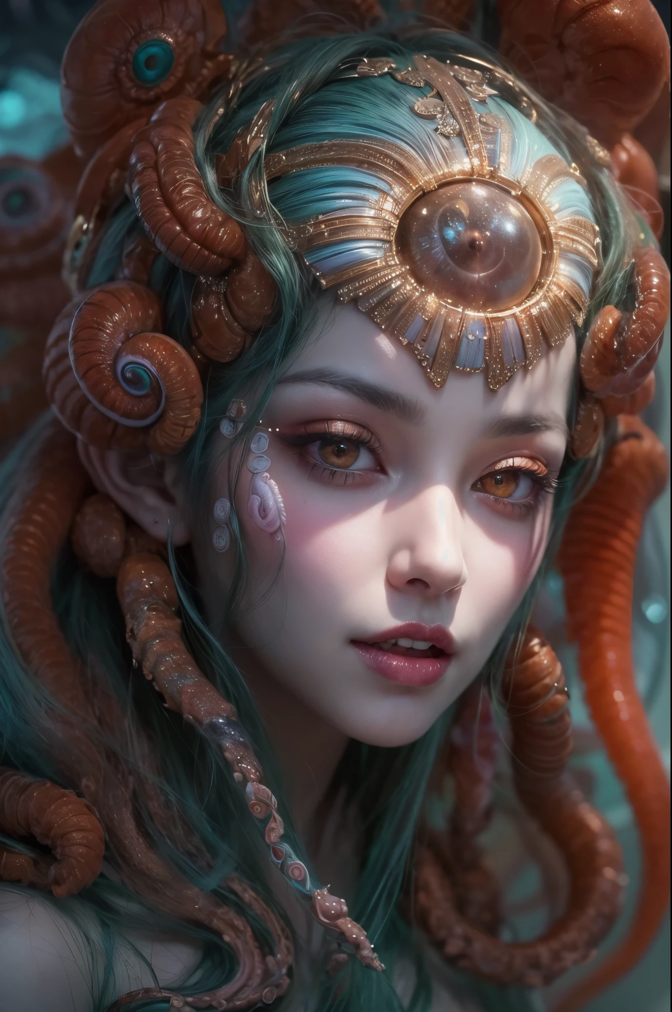 (1 beautiful and obscene female alien:1.4), (There is a female genital-like organ in the middle of her forehead:1.95), She has medusa-like hair, (there are lots of translucent tentacles from her head like her hair:1.5), (vulgarity1.7), (she is looking down at viewers with glowing red eyes with no pupils:1.6), (She has translucent pale skin:1.4),(She has the most beautiful face in the history of the universe:1.2), (She has multiple bioluminescent organs on the side of her tentacles:1.4), (Her body is covered with an iridescent exoskeleton:1.4), (She is showing her arm pits:1.6), an evil gaze that seduces, (looking down at viewers:1.4),(Vampire-like long canine teeth can be glimpsed through the gap between the cute lips:1.4) (bio luminescent:1.4), (Smile wickedly:1.3), (sexypose:1.4), alien, No humans, cells are fused, extraterrestrial, cell, bio image, ultra high resolution, (photos realistic:1.7), (Numerous award-winning masterpieces, with incredible detail, textures and maximum detail), Dramatic Lighting, cinematic quality, (exquisite details:1.2), High freshness, drawing faithfully, (Thick eyebrows:1.2), Beautiful eyes with fine symmetry,(Highly detailed face and eyes:1.2),(Super detailed skin quality feeling:1.4), perfect anatomy, (Beautiful toned body:1.5), (Moist skin:1.2), not wearing makeup, (dark circles:1.1), long canines, cinematic drawing of characters, cinematic quality, (exquisite details:1.2), high resolution, High freshness, drawing faithfully, official art, Unity 8K Wall paper, ultra detailed artistic photography, midnight aura, unreal engine 5, Ultra Sharp Focus, art by Amano Yoshitaka, ArtGerm, ultra realistic realism, dream-like, Creation of fantasy, dream Snail, (biopunk nautilus:1.3),Thrilling color schemes, seductively smiling, Amazing mutation, well-proportioned body, goddess of the deep sea, fractal, Geometric pattern, impossible figures, subtle emerald green accents, (expression of ecstasy:1.5)