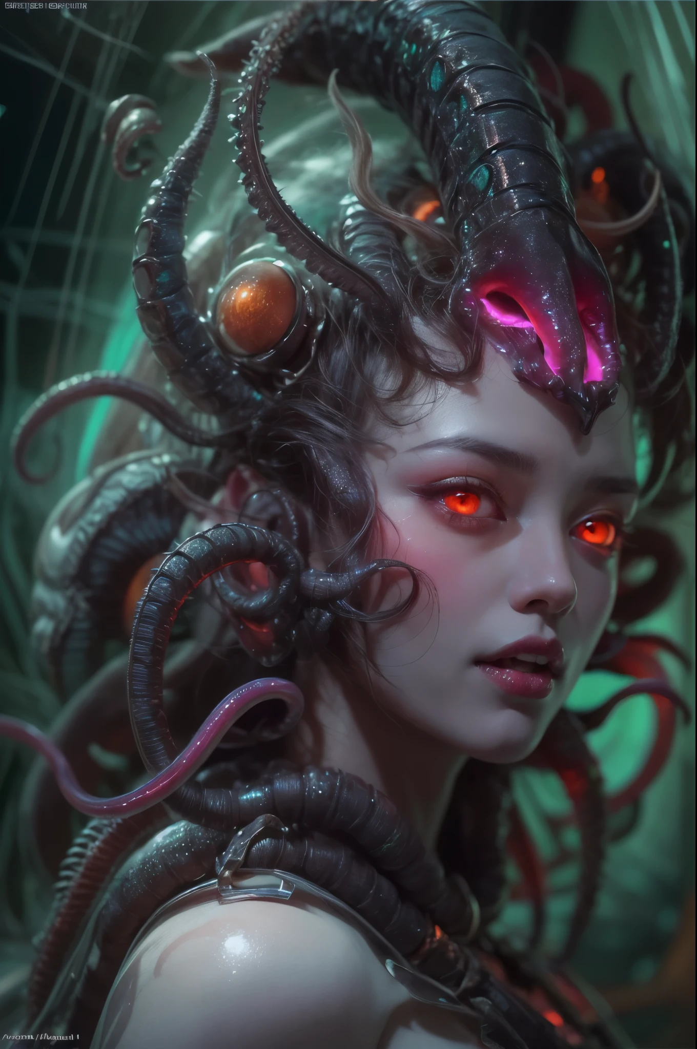 (1 beautiful and obscene female alien:1.4), (There is a female genital-like organ in the middle of her forehead:1.95), She has medusa-like hair, (there are lots of translucent tentacles from her head like her hair:1.5), (vulgarity1.7), (she is looking down at viewers with glowing red eyes with no pupils:1.6), (She has translucent pale skin:1.4),(She has the most beautiful face in the history of the universe:1.2), (She has multiple bioluminescent organs on the side of her tentacles:1.4), (Her body is covered with an iridescent exoskeleton:1.4), (She is showing her arm pits:1.6), an evil gaze that seduces, (looking down at viewers:1.4),(Vampire-like long canine teeth can be glimpsed through the gap between the cute lips:1.4) (bio luminescent:1.4), (Smile wickedly:1.3), (sexypose:1.4), alien, No humans, cells are fused, extraterrestrial, cell, bio image, ultra high resolution, (photos realistic:1.7), (Numerous award-winning masterpieces, with incredible detail, textures and maximum detail), Dramatic Lighting, cinematic quality, (exquisite details:1.2), High freshness, drawing faithfully, (Thick eyebrows:1.2), Beautiful eyes with fine symmetry,(Highly detailed face and eyes:1.2),(Super detailed skin quality feeling:1.4), perfect anatomy, (Beautiful toned body:1.5), (Moist skin:1.2), not wearing makeup, (dark circles:1.1), long canines, cinematic drawing of characters, cinematic quality, (exquisite details:1.2), high resolution, High freshness, drawing faithfully, official art, Unity 8K Wall paper, ultra detailed artistic photography, midnight aura, unreal engine 5, Ultra Sharp Focus, art by Amano Yoshitaka, ArtGerm, ultra realistic realism, dream-like, Creation of fantasy, dream Snail, (biopunk nautilus:1.3),Thrilling color schemes, seductively smiling, Amazing mutation, well-proportioned body, goddess of the deep sea, fractal, Geometric pattern, impossible figures, subtle emerald green accents, (expression of ecstasy:1.5)