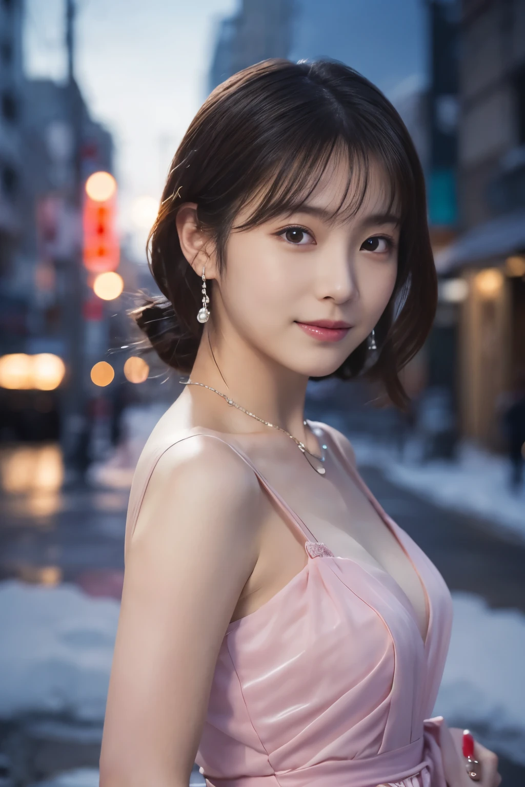 1 girl, (Wearing a pink dress:1.2), Beautiful Japan actress,
(RAW photo, highest quality), (realistic, Photoreal:1.4), masterpiece, 
very delicate and beautiful, very detailed, 2k wallpaper, wonderful, 
finely, very detailed CG Unity 8K 壁紙, Super detailed, High resolution, 
soft light, beautiful detailed girl, very detailed目と顔, beautifully detailed nose, beautiful and detailed eyes, cinematic lighting, 
break
(Against the backdrop of a snowy night cityscape 1.3), city lights, (Snow is flying:1.3), 
perfect anatomy, slender body, smile, Face the front completely, look at the camera