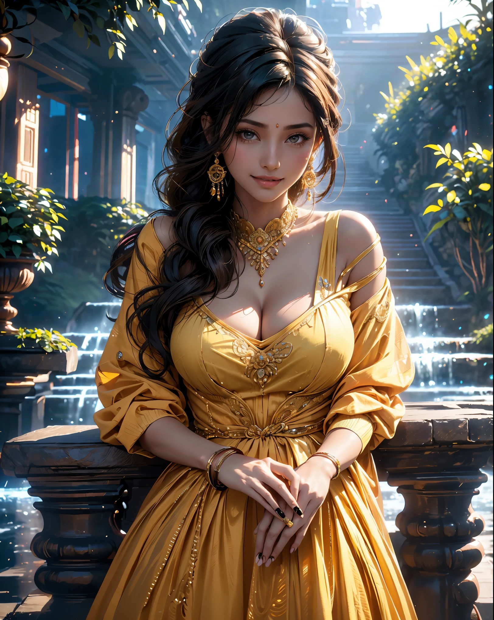 a woman in a yellow dress posing for the camera, closeup shot of woman, dayanita singh, girl with glowing skin, style of beautiful body, big huge breasts, cleavage, provocative Indian, sensuous, very large bosum, hindu, attractive feminine curves, indian goddess, close up shots,wearing yellow dress, indian super model, beautiful model girl, model with attractive body, really large bosum, beautiful sexy woman photo , very close up shot, smily face, smile on face,  the empress,  beautiful render of a fairytale,  royal garden background, intricate environments, garden utopia, realistic garden, the grand temple of flowers, 