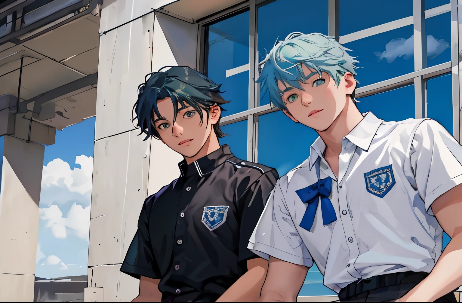There are two young men of 14 years of age, one is looking at the other who is telling a story, he has green hair, green eyes, he is talking to his friend who is sitting next to him.
