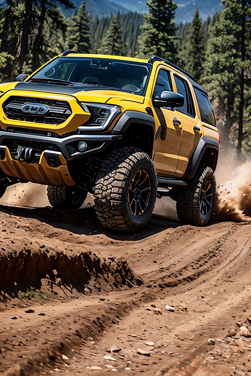 an offroader machine with strong suspension that can overcome all obstacles, tall, big offroad wheels, can work in all conditions and overcome all obstacles.