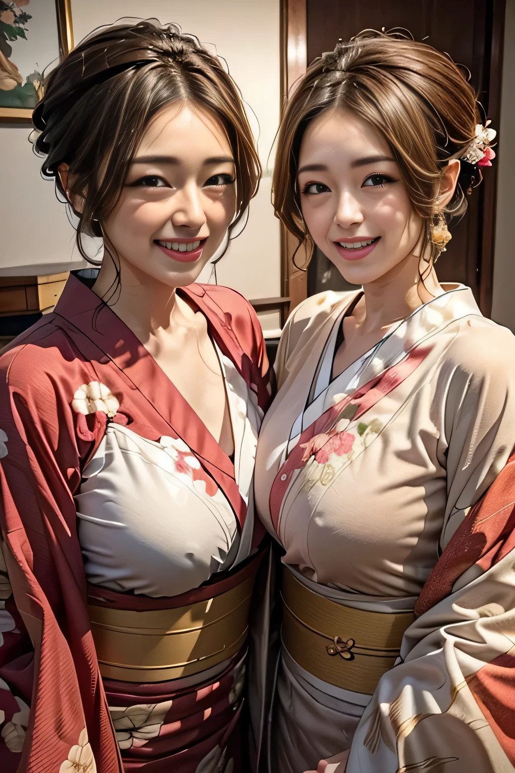 (1 Ultimate beautiful mature woman), very detailed顔, detailed lips, fine eyes, double eyelid, brunette bob hair, (grin and laugh), ((beautiful teeth)), big and full breasts,　(((She is wearing a Japanese kimono with delicate decorations.))), ((cowboy shot)), perfect body, perfect face, that&#39;s right, ((written boundary depth)), perfect image realism, (((With background:Living room of the house)))、詳細なWith background, detailed costume, perfect lighting、hyper realism、Photoreal、8K maximum resolution, (masterpiece), very detailed, Professional