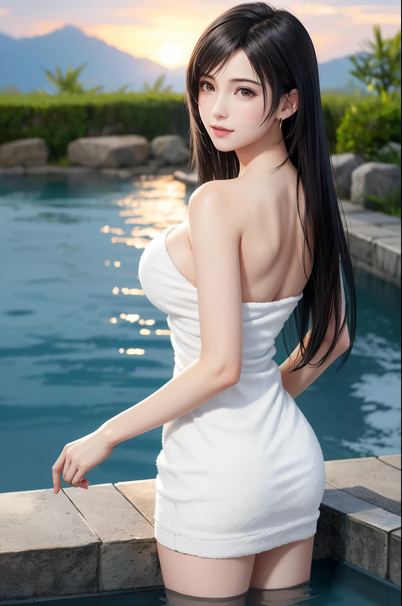 (Top Quality, Masterpiece: 1.1), (Realistic: 1.3), Wallpapers,ultra high res,ultra high quality,  BREAK (((FF7,Tifa_lockhart))),Ultra-detailed face, Detailed eyes,(black Brown Hair, Large breasts: 1.2),(Imaginative Macanese Female Page,background is onsen,at Sunrise),bathing:1.3 , BREAK (naked :1.3),(No Bra) ,(no panties),(shiny oiled skin: 1.1), about 18 years old, BREAK  smile,kawaii,nogizaka idol,(gravure pose:1.2),cowboy shot ,back focus:1.2, back hair:1.2,(White large size towel fabric dress、Strapless:1.2)、(geyser, hot onsen:1.2)、(Partially submerged in hot springs:1.2)