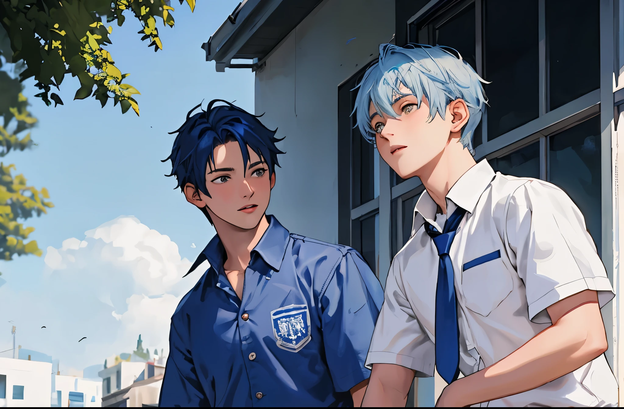 There are two 14-year-old boys with blue hair, one of them is telling a story while the other looks at him.