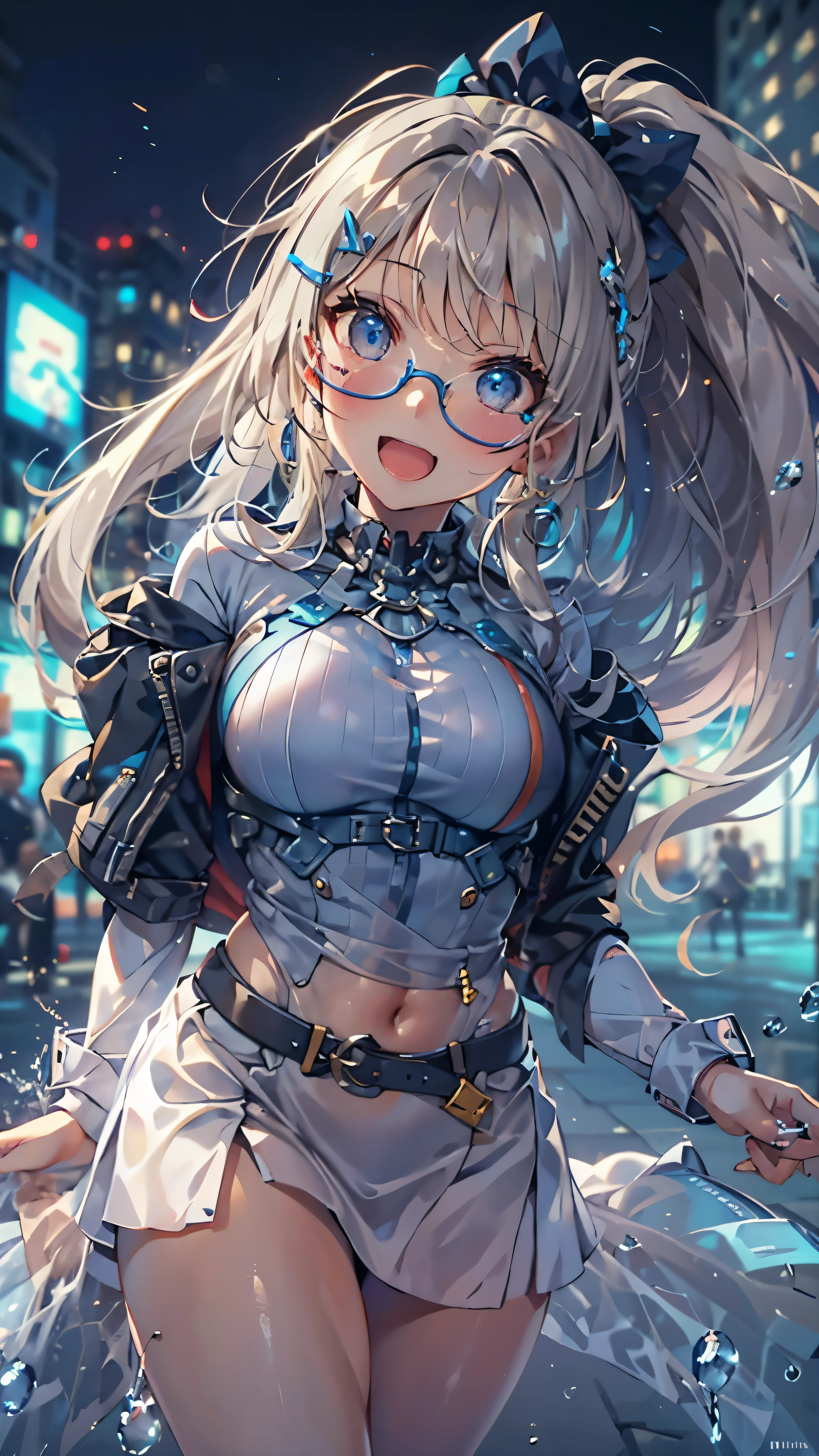 woman,14 years old,,city,night,(((white and blue tight miniskirt bodysuit))),,open mouth smile((See-through))Glasses,((Beautiful long ponytail)),((baby girl body shape))((blonde))