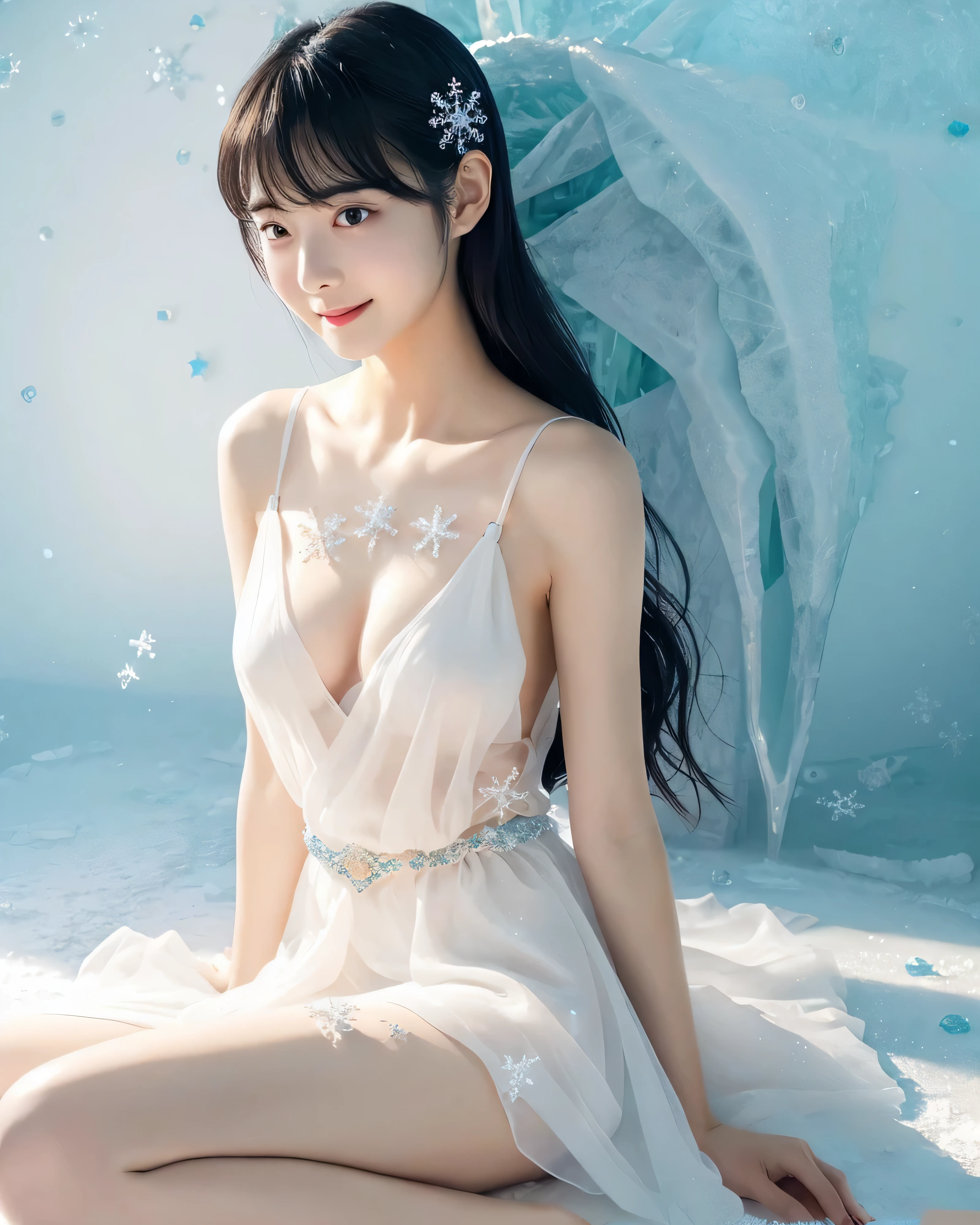 beautiful japanese woman (whole body:1.2) beautiful shiny black hair Asymmetrical bangs Super long hair that is messy in a complicated way Simple white dress Dress with open chest mini skirt Detailed and perfect clavicle Detailed and beautiful chest soft plump breasts beautiful feet big magical eyes Detailed moisturized eyes gentle smile (Land of Ice:1.5) ice aura White, smooth skin Natural makeup fog particles of light light wallpaper high contrast colorful professional lighting