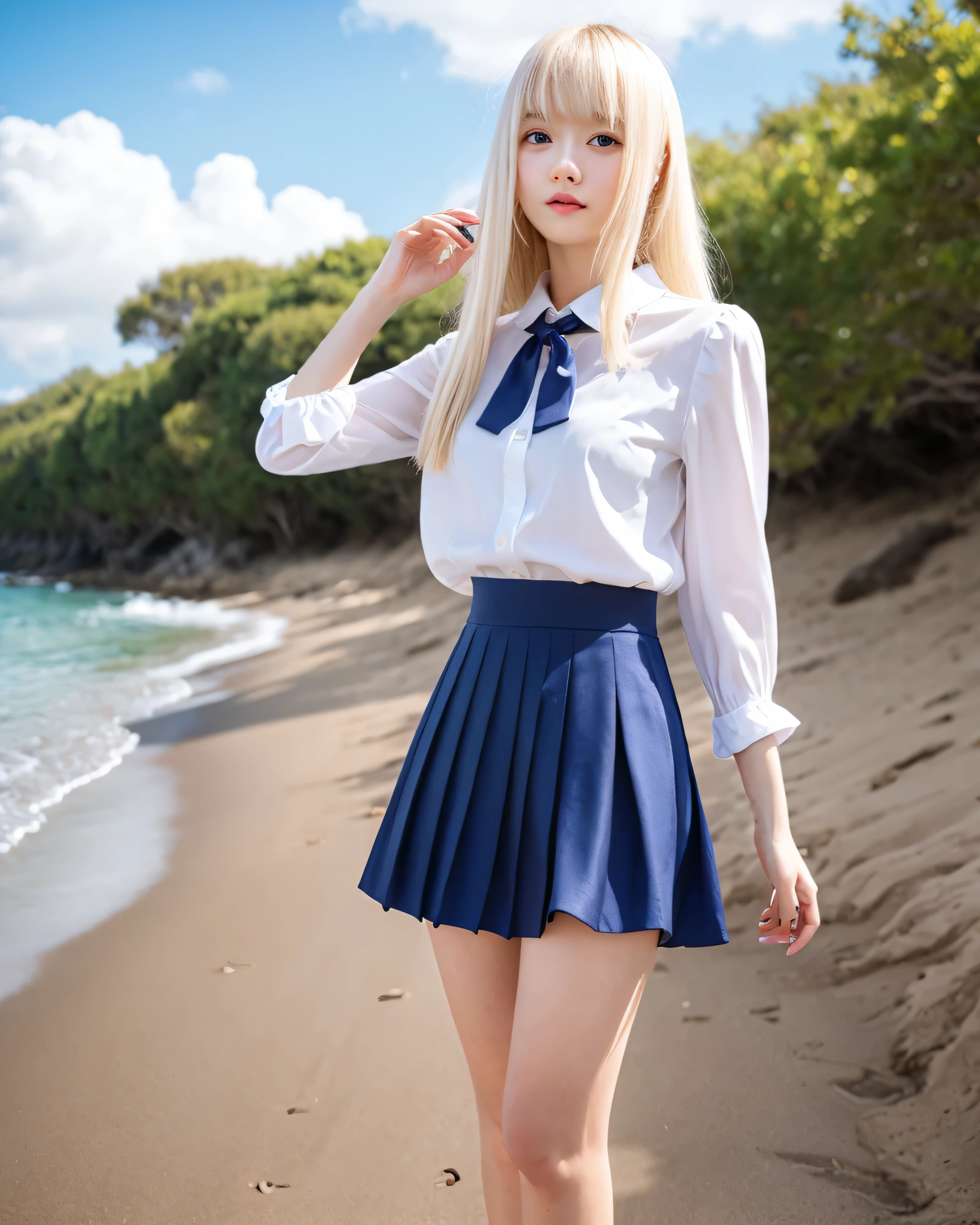 beautiful japanese girl　platinum blonde thin hair　Detailed intricate hair　Super Long Straight Silk Hair　Asymmetrical bangs、Magical beautiful eyes　Moist brown eyes　Emeral look　（school uniform:1.5)　navy pleated skirt　mini skirt　（I can see a little of your belly button:1.7)　（walking barefoot on the sandy beach：1.３）　summer sunshine　Clear blue sea　Professional photographer　professional lighting　Blue sky　White cloud　skirt fluttering in the wind