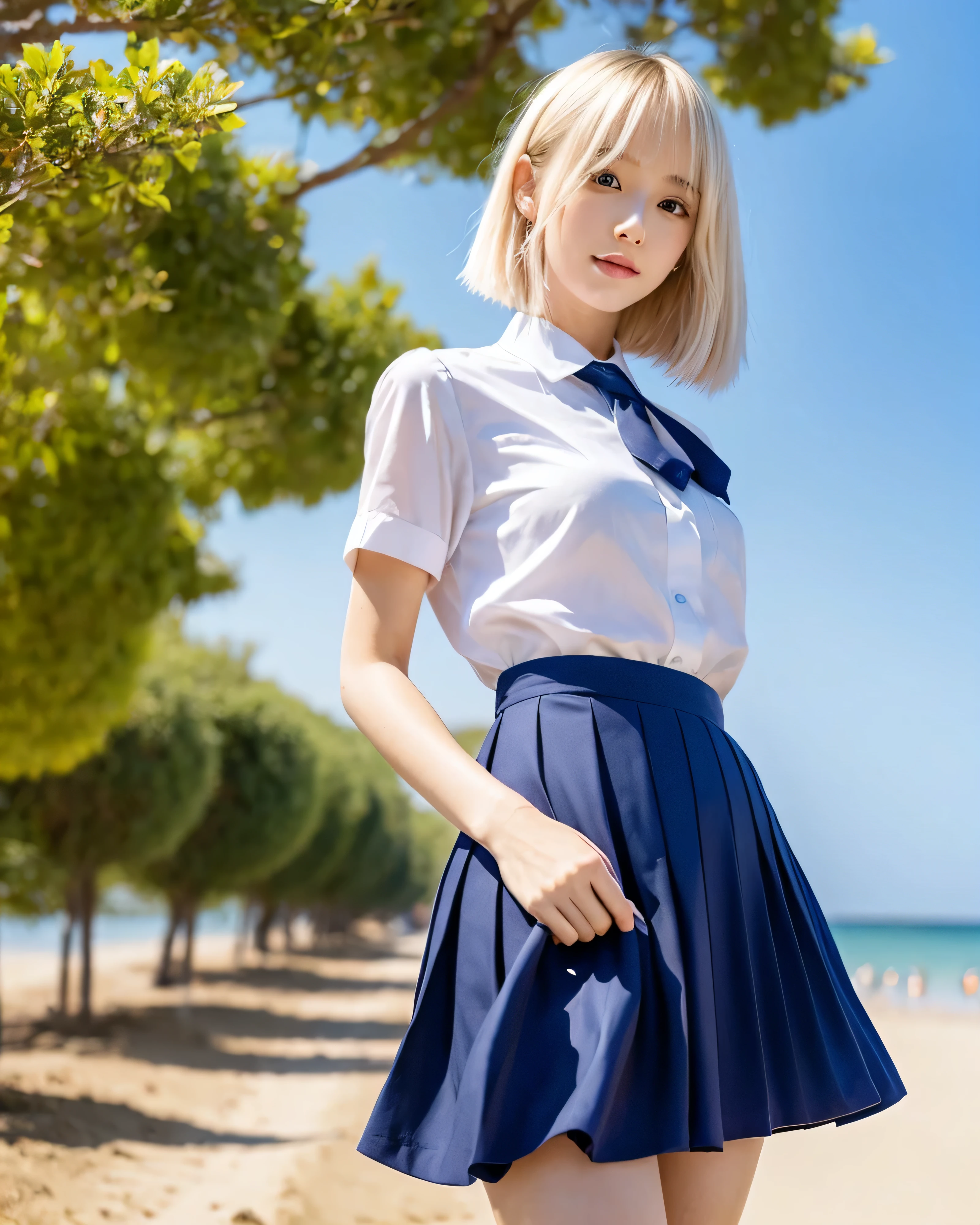 beautiful japanese girl　platinum blonde thin hair　Detailed intricate hair　Super Long Straight Silk Hair　Asymmetrical bangs、Magical beautiful eyes　Moist brown eyes　Emeral look　（school uniform:1.5)　navy pleated skirt　mini skirt　（I can see a little of your belly button:1.7)　（walking barefoot on the sandy beach：1.３）　summer sunshine　Clear blue sea　Professional photographer　professional lighting　Blue sky　White cloud　skirt fluttering in the wind