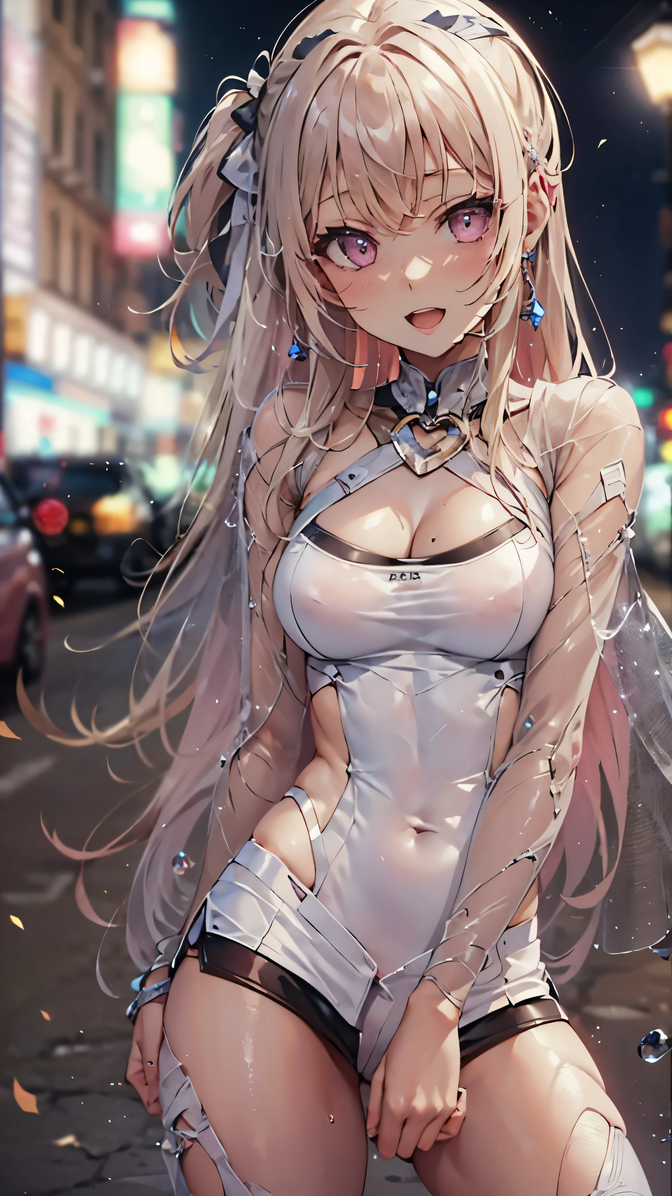 woman,14 years old,,city,night,(((white and pink tight miniskirt bodysuit))),,open mouth smile((See-through))Glasses,((Beautiful long ponytail)),((baby girl body shape))((blonde))