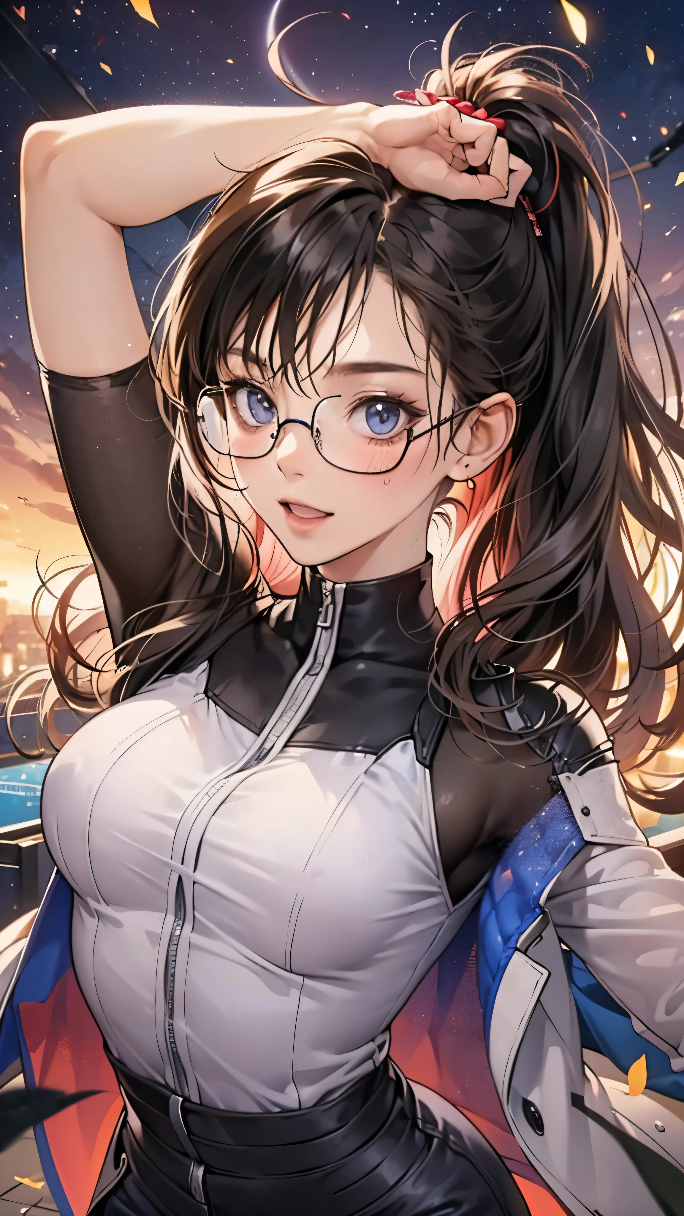 woman,,,city,night,(((white and blue tight miniskirt bodysuit))),,open mouth smile((See-through))(((Glasses))),((Beautiful long ponytail)),(()),blush、surprised face,((())),(())(((On the way to changing clothes)))(((While undressing)))