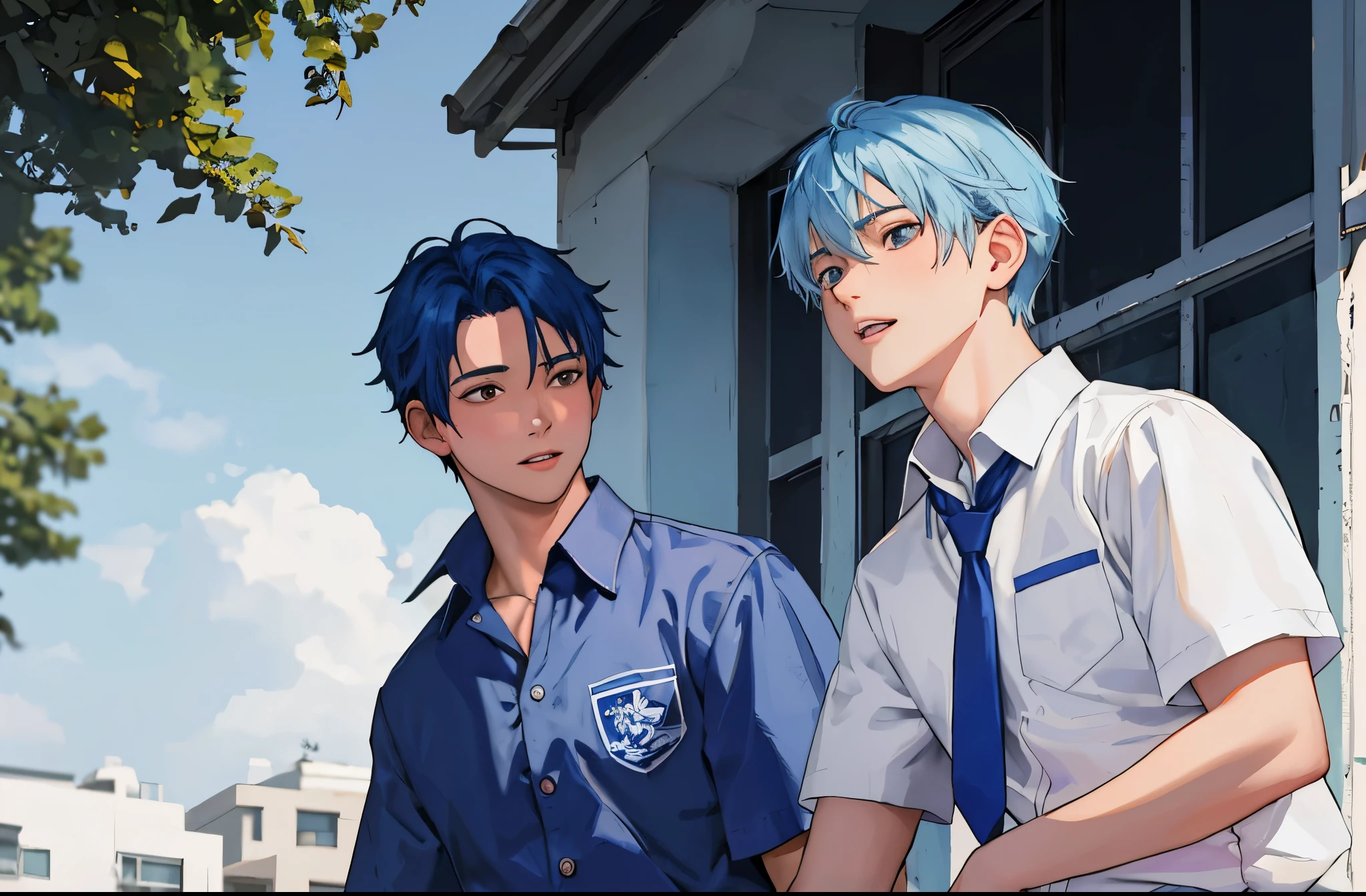 There are two 14-year-old boys with blue hair, one of them is telling a story while the other looks at him.