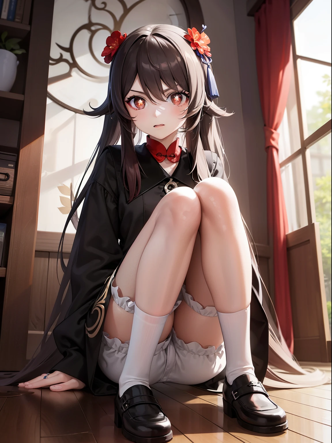 (absurd, high-resolution, super detailed), angry expression, Hu tao, 1 girl, solo, (long hair, brown hair), colorful, supreme detailed, 16 years old, small, bloomers shorts, indoors, flushed face, angry girl, anime full body illustration, girly feeling, white bloomers, exposed bloomers shorts, surreal , beautiful anime , anime girl CG art, surreal , realistic , Anime moe art style, details. Shoujo Front, Seductive Anime Girl, Light Novel Cover Art