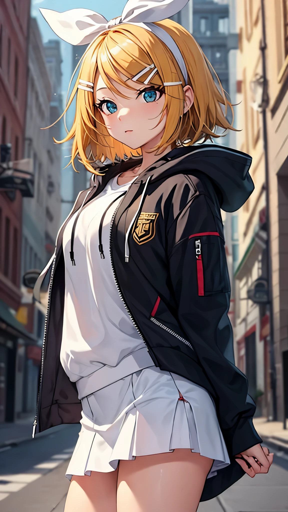 Kagamine rin , 1 girl , wearing a red hooded sweater , white miniskirt with gold horizontal lines , viendo al espectador , bragas visibles , rostro seductor ,(imagen de ultra alta calidad 8k ) obra maestra ( high-definition picture ) , maximum image resolution , ( detalles de la imagen bien definidos )